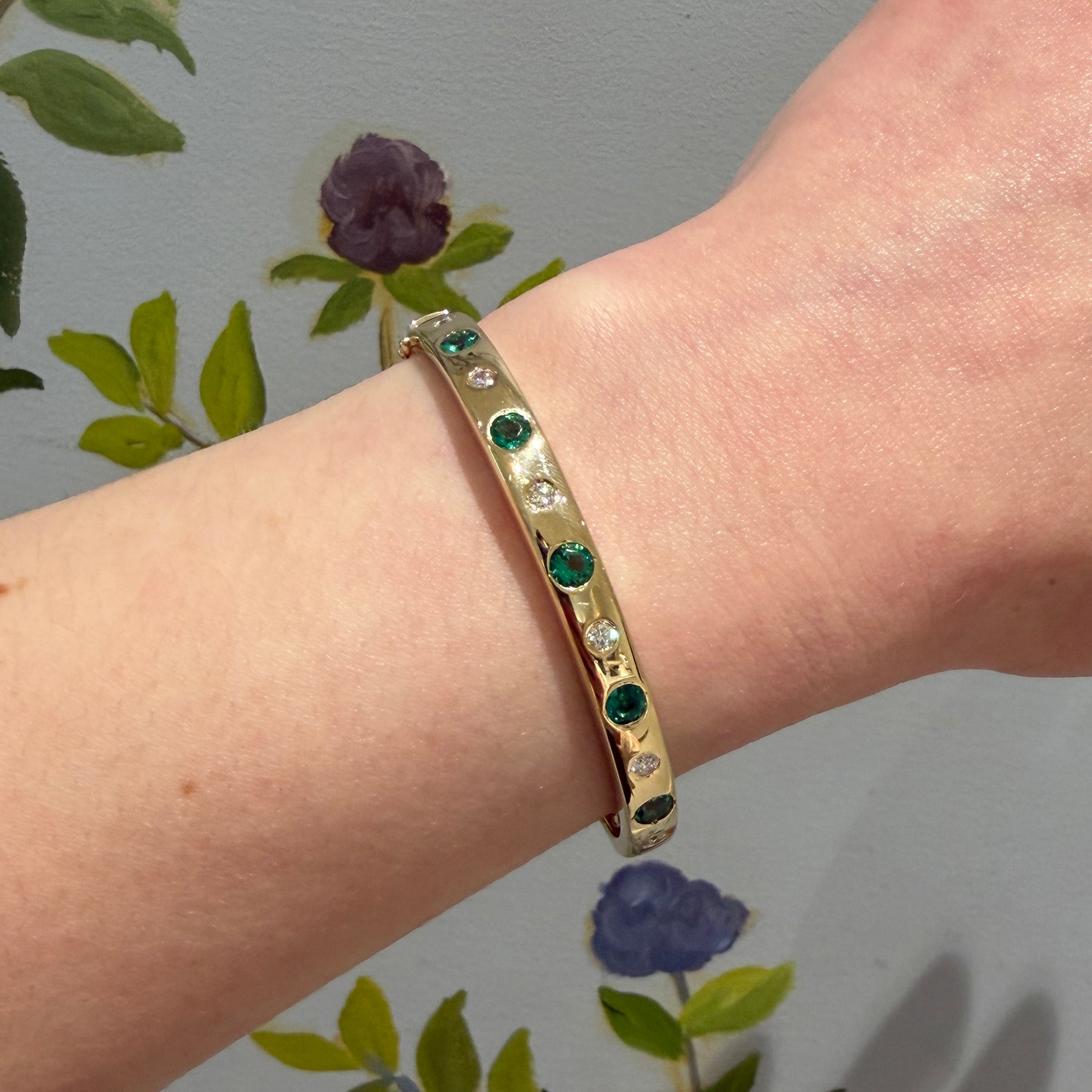 Emerald & Diamond Inlay 14K Yellow Gold Bangle