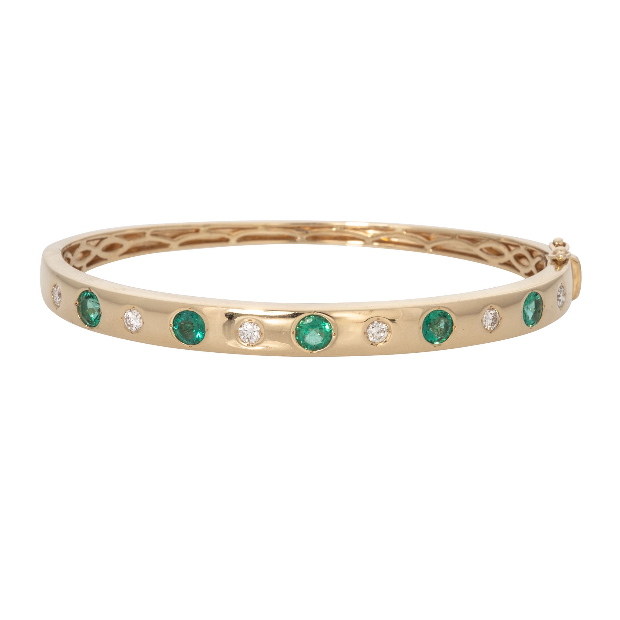 Emerald & Diamond Inlay 14K Yellow Gold Bangle