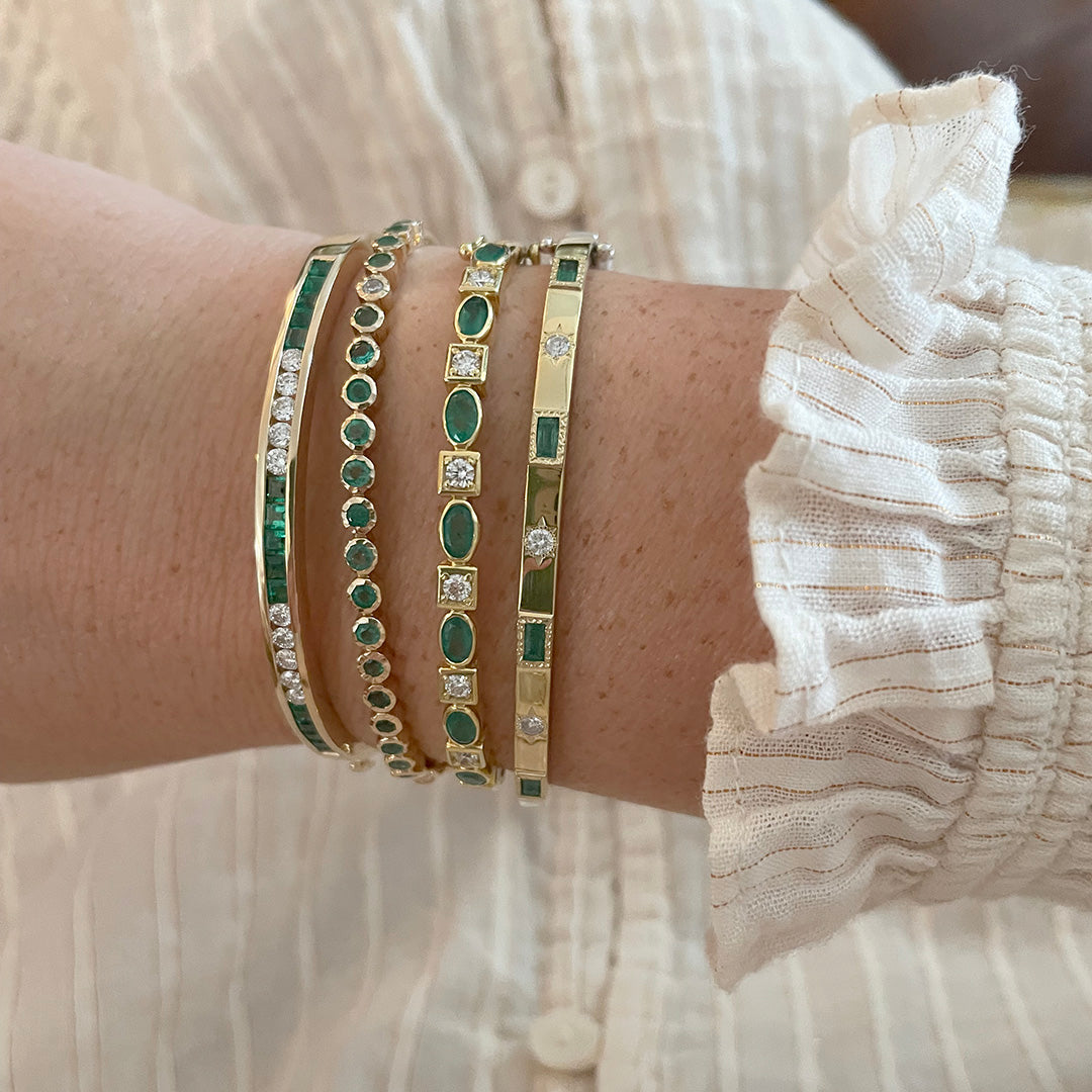 Emerald & Diamond Channel Set 14K Yellow Gold Bangle