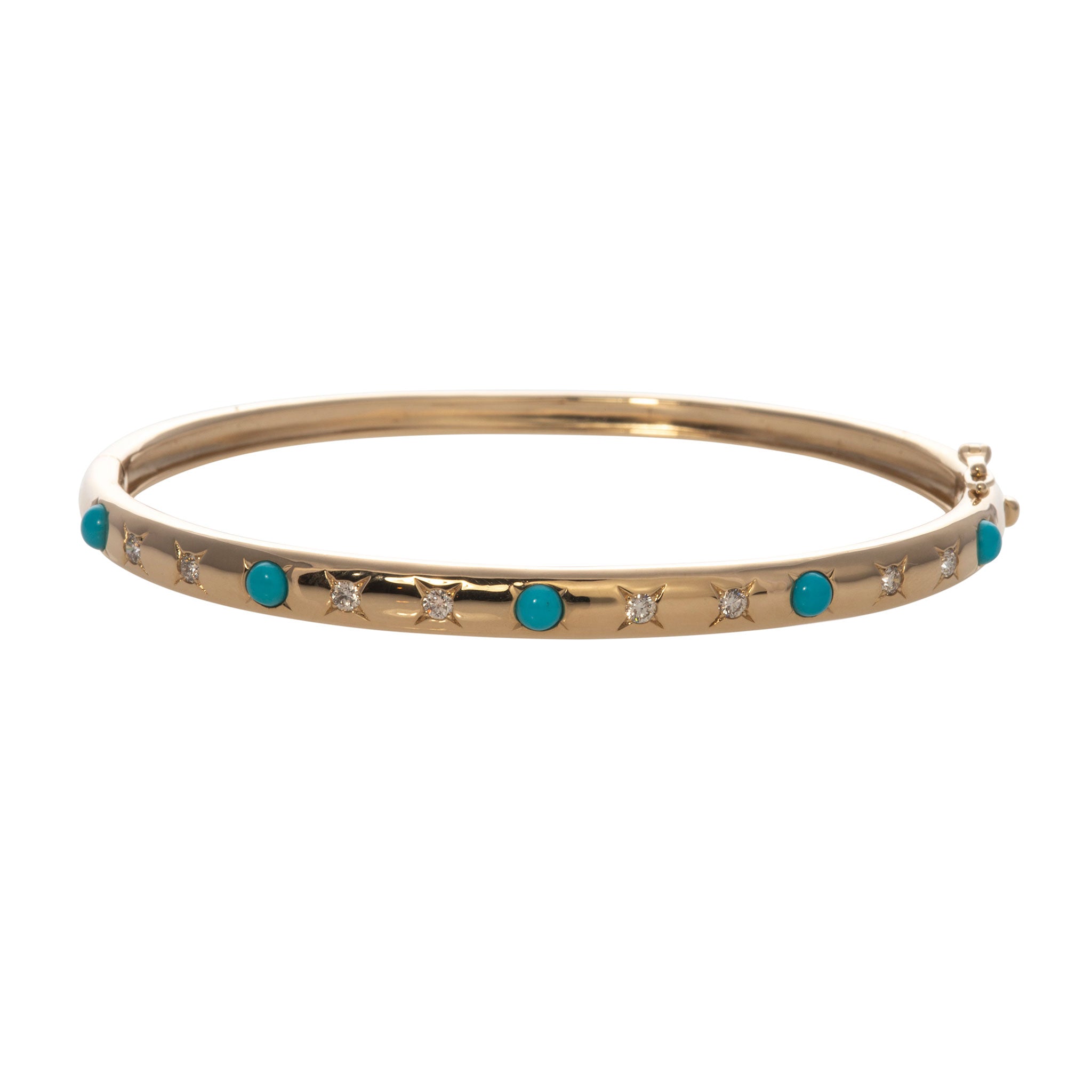 Star Set Turquoise & Diamond 14K Yellow Gold Bangle