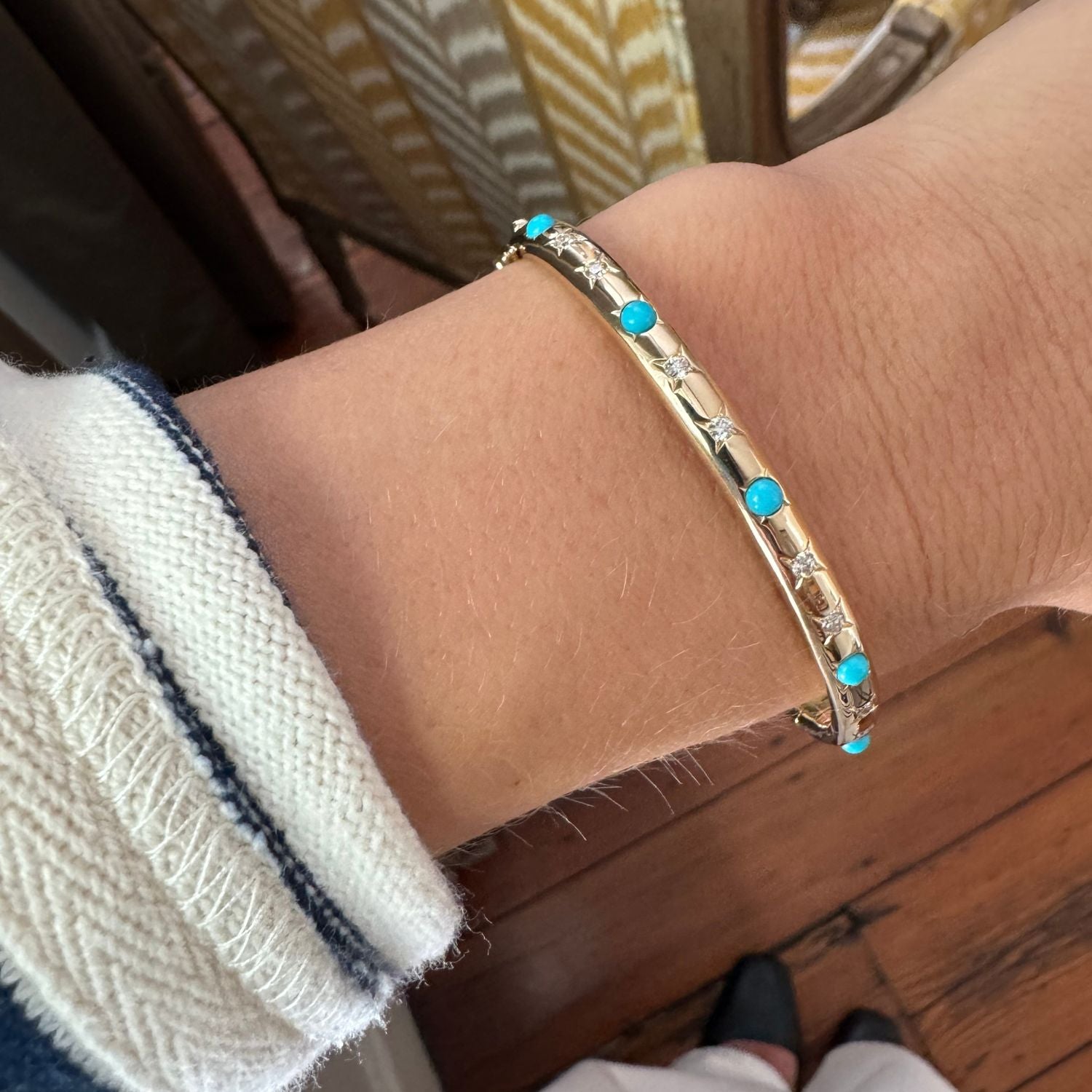 Star Set Turquoise & Diamond 14K Yellow Gold Bangle