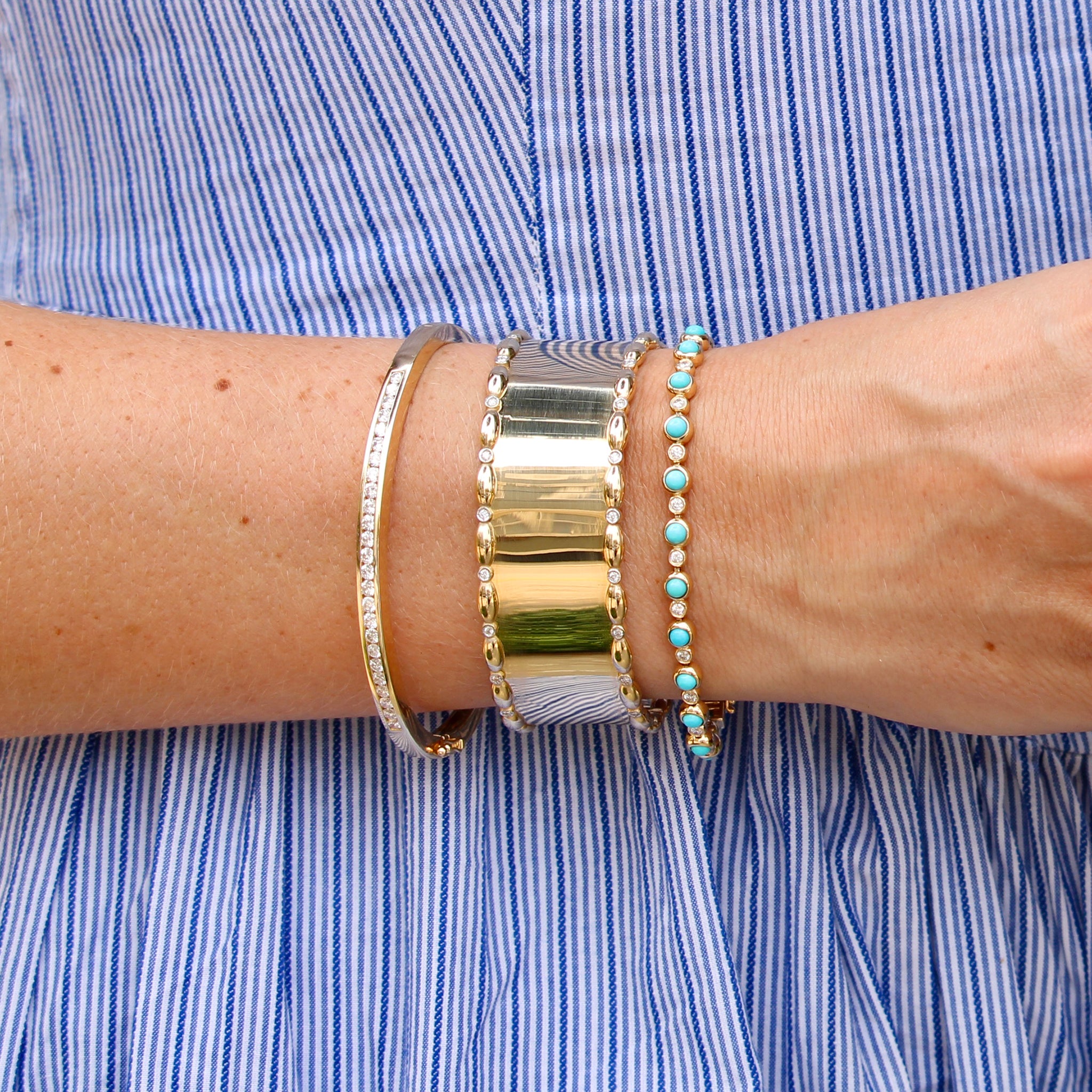 Turquoise & Diamond Bezel Set 14K Yellow Gold Tennis Bracelet, The Mary Wide Cuff, 1.30ctw Diamond Channel Set 14K Yellow Gold Bangle