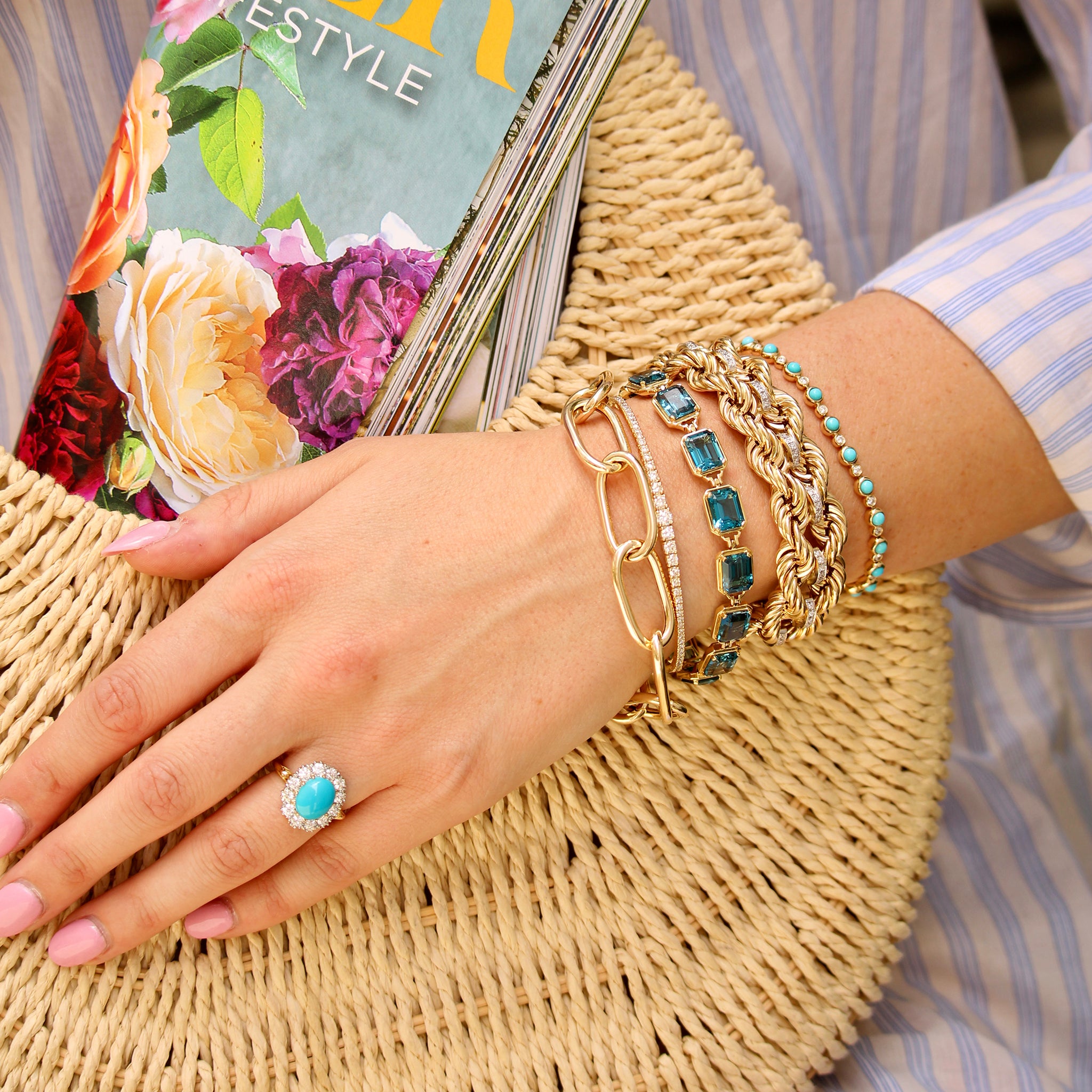 Goshwara Emerald-Cut Blue Topaz 18K Yellow Gold Bracelet, The Club Bracelet with Diamonds, Graduated Diamond 14K Yellow Gold Flex Bangle