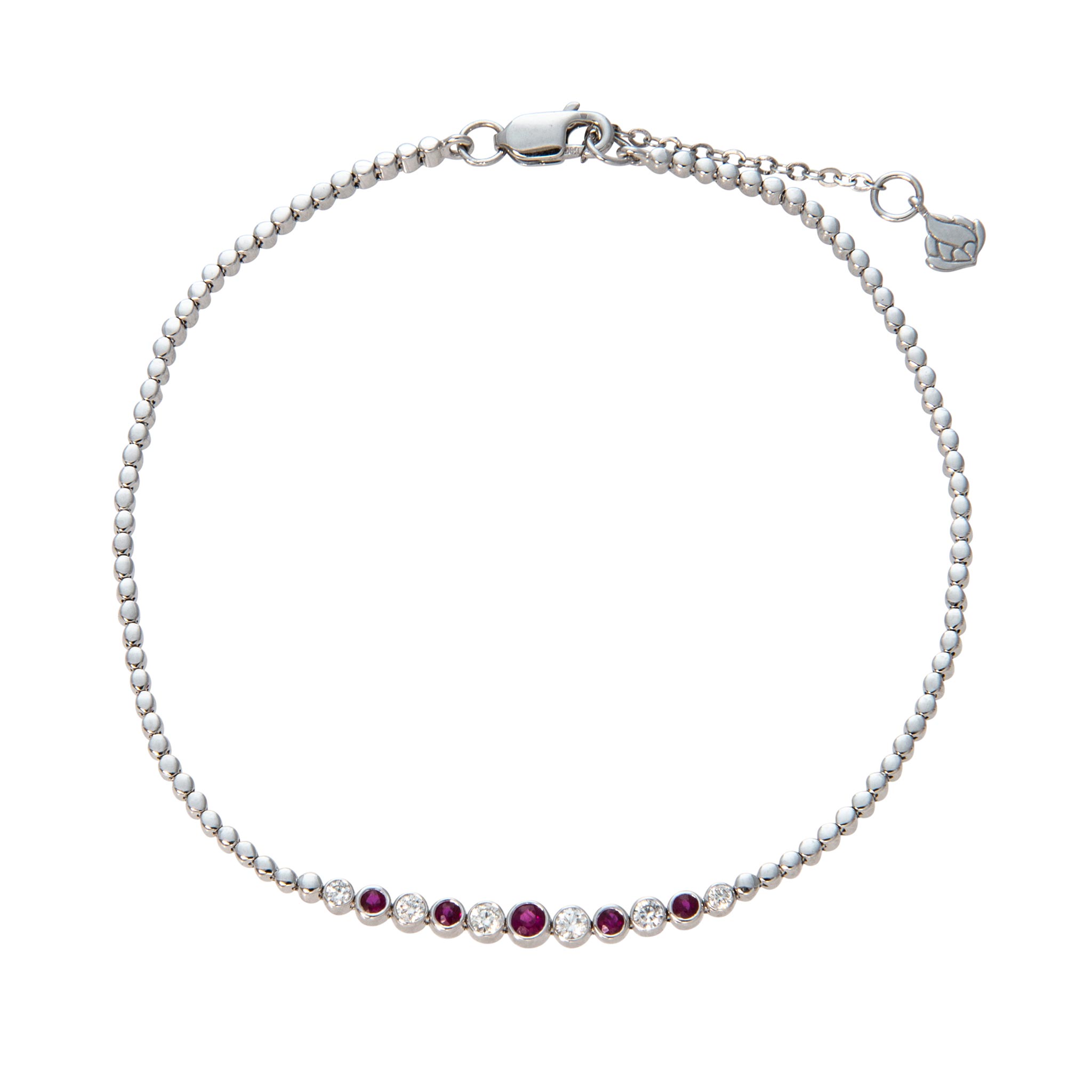 Ruby & Diamond Bezel Set 14K White Gold Beaded Bracelet