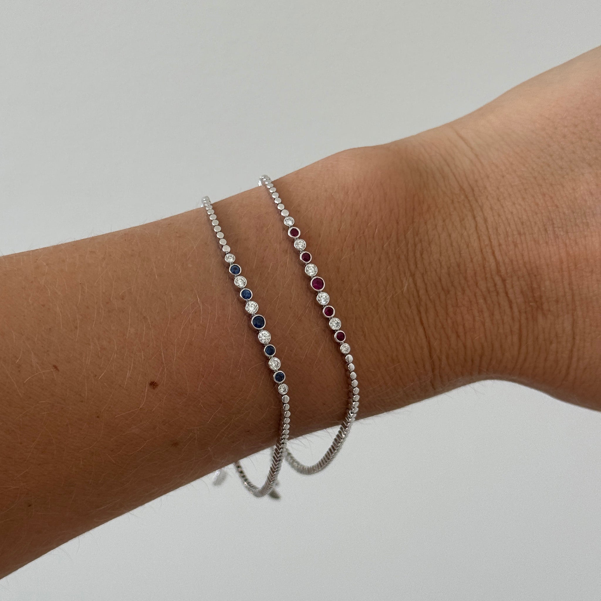 Sapphire & Diamond Bezel Set 14K White Gold Beaded Bracelet, Ruby & Diamond Bezel Set 14K White Gold Beaded Bracelet