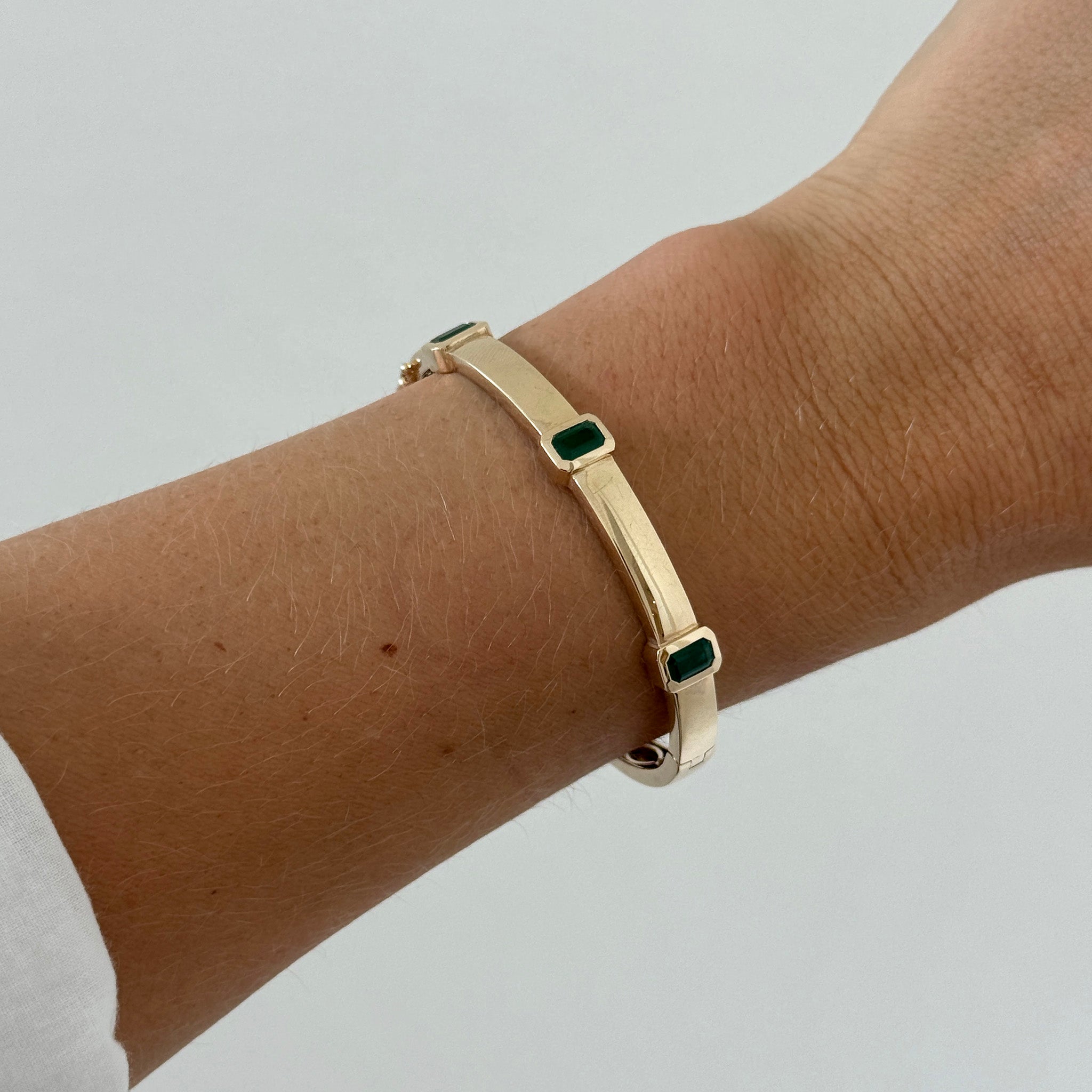 Emerald Three-Stone Bezel Set 14K Yellow Gold Bangle