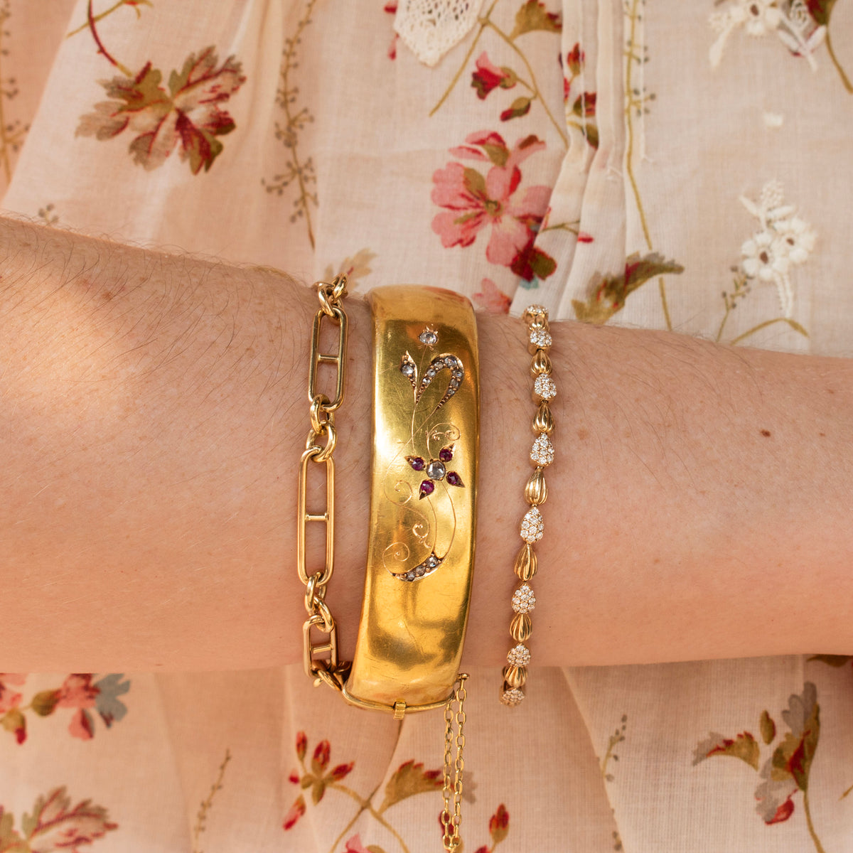 Victorian Diamond & Ruby Floral 18K Yellow Gold Bangle, Diamond Pavé Madeleine 14K Yellow Gold Tennis Bracelet
