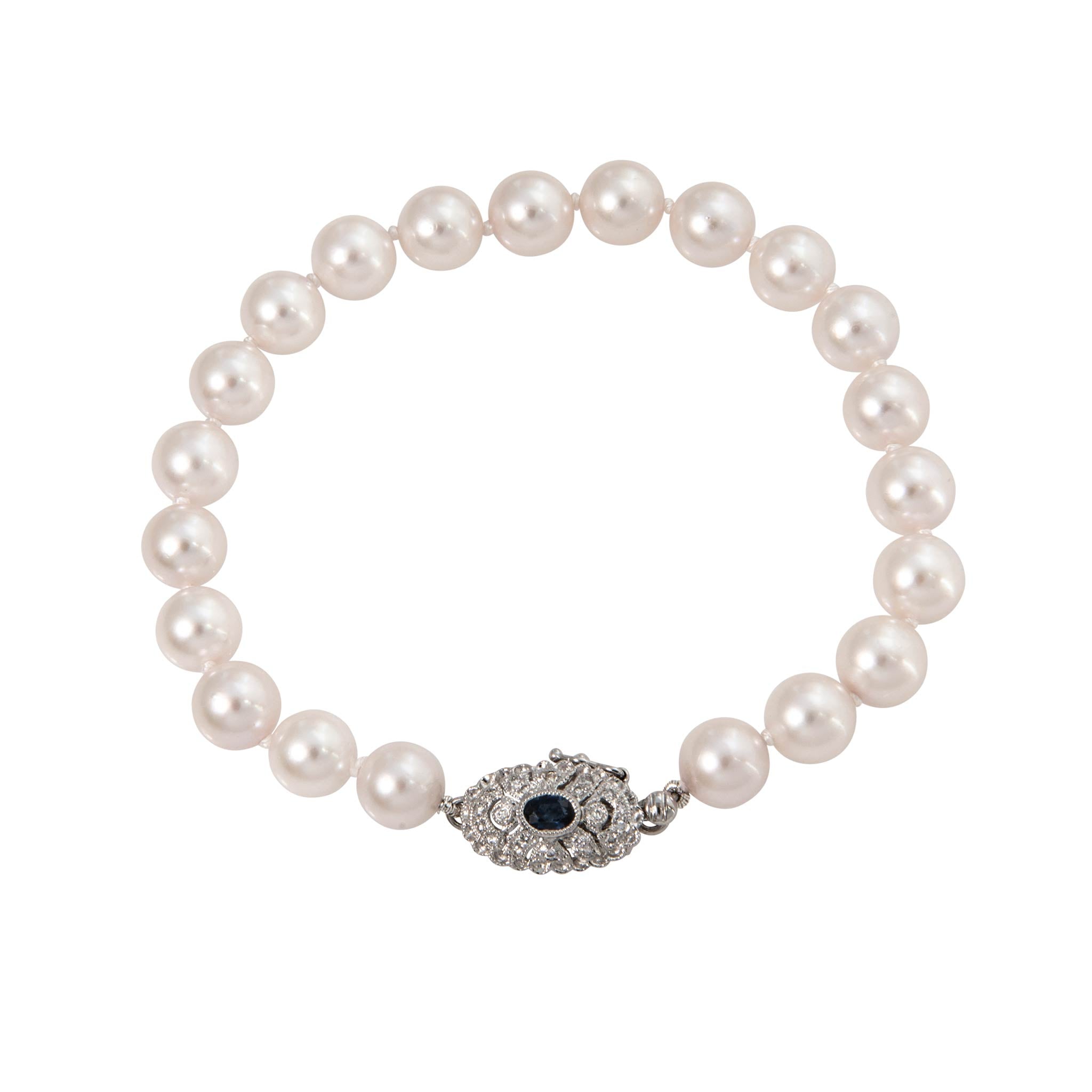Estate Cultured Pearl 18K Gold Sapphire & Diamond Clasp Bracelet