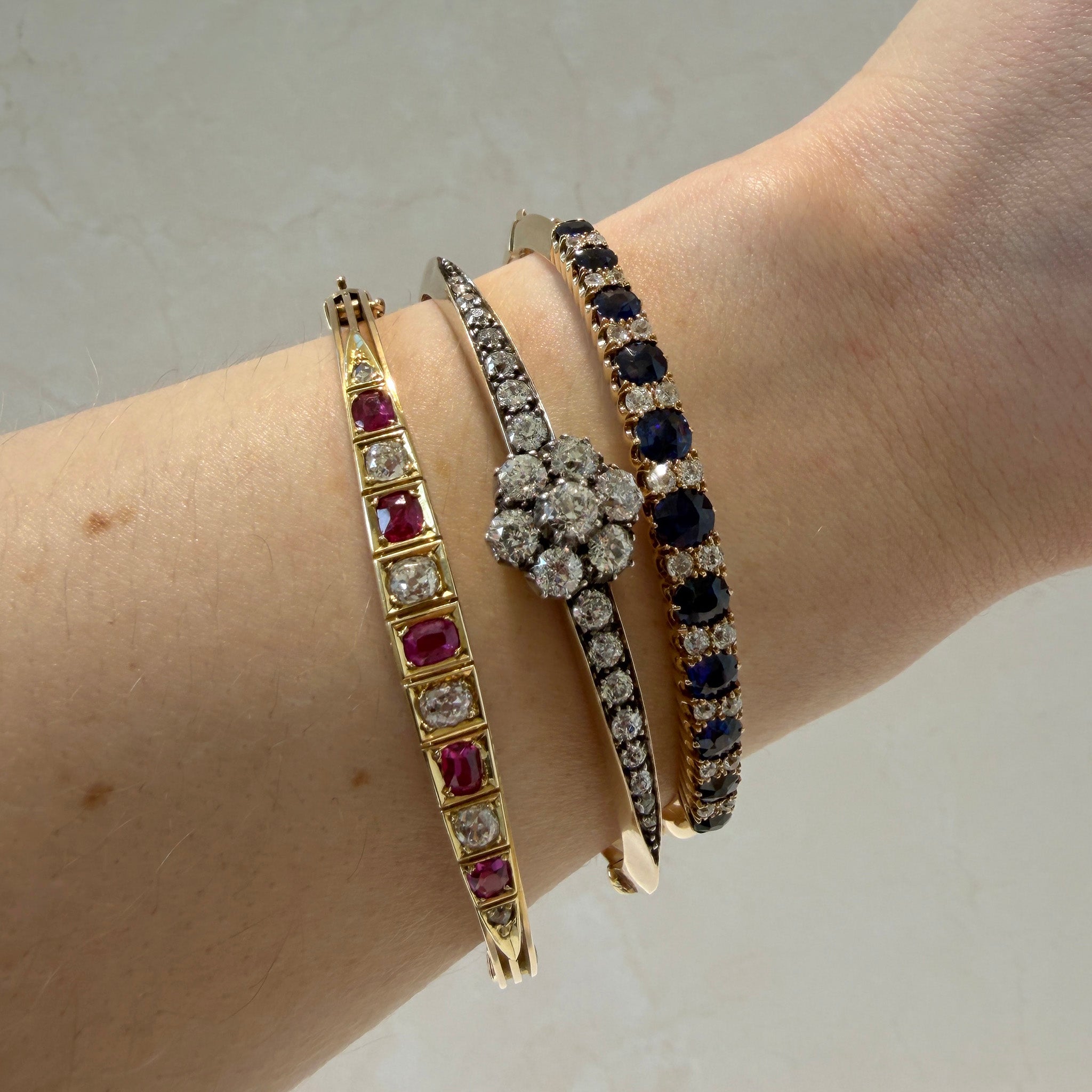 Victorian 5ctw Graduated Sapphire & Diamond 15K Gold Bangle, Victorian 2.5ctw Diamond Floral Cluster 14K Gold Bangle, Victorian Graduated Ruby & Diamond 14K Gold Bangle