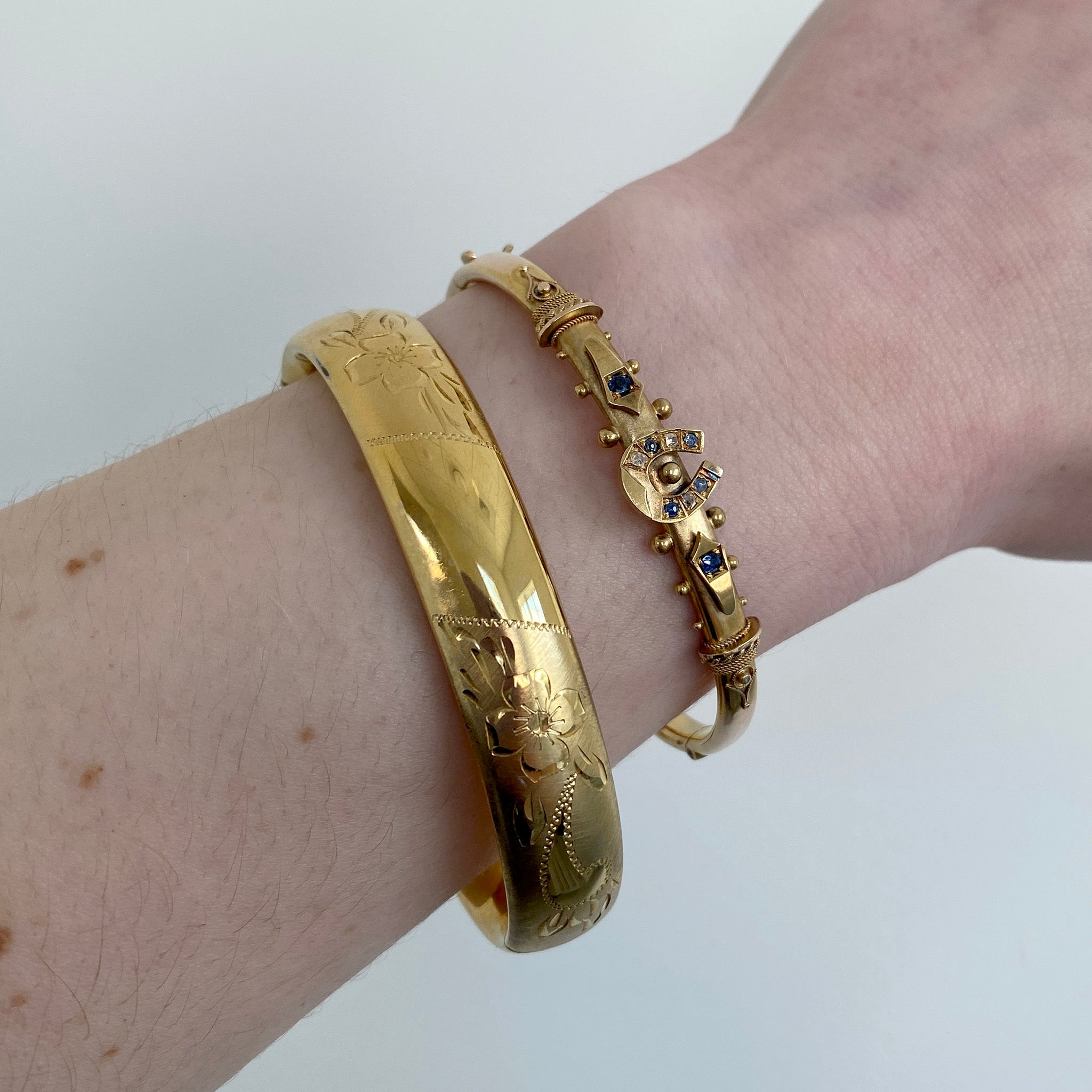 Victorian Sapphire & Diamond 15K Gold Horseshoe Bangle, Vintage Floral Gold-Filled Bangle