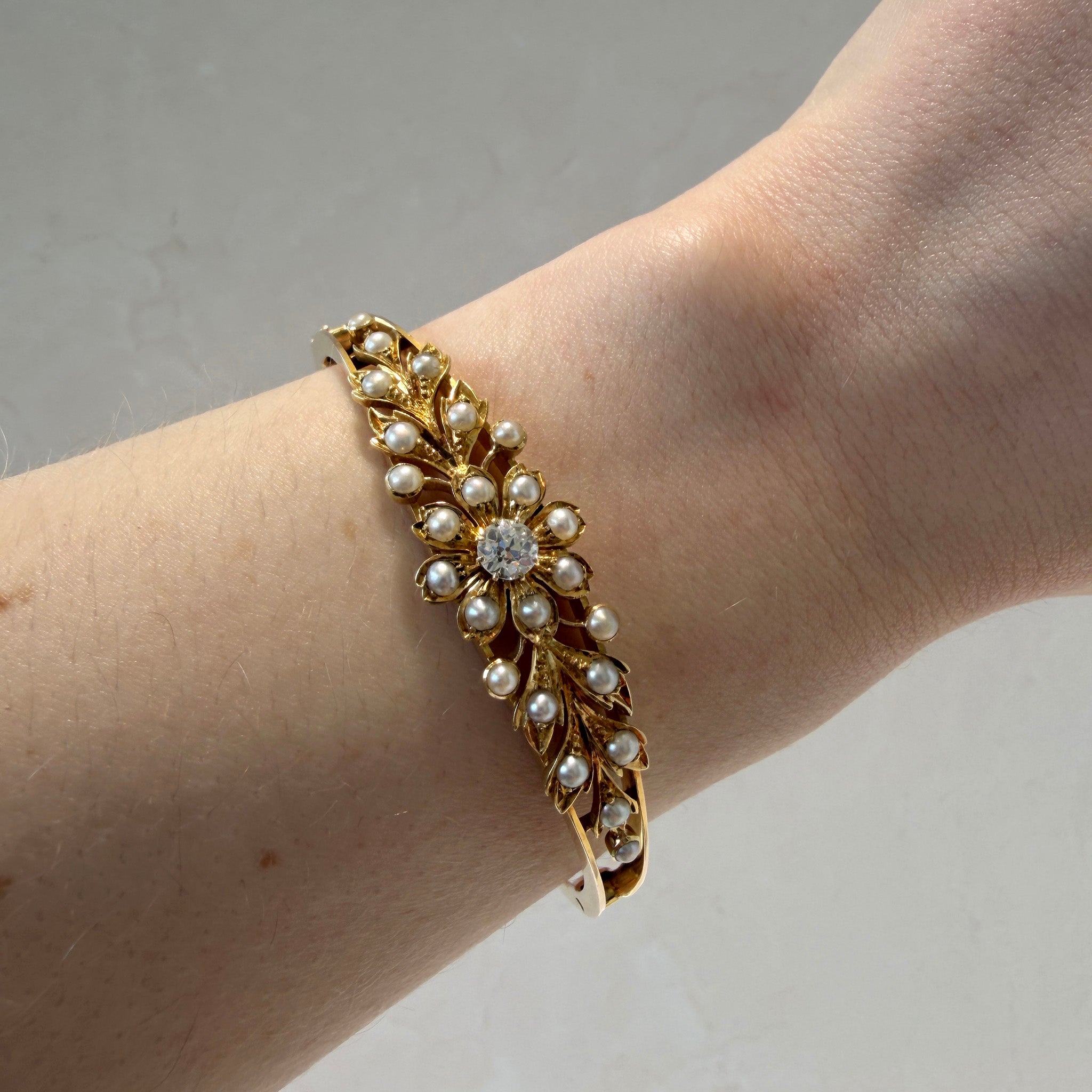 Victorian Diamond & Seed Pearl 15K Yellow Gold Floral Bangle
