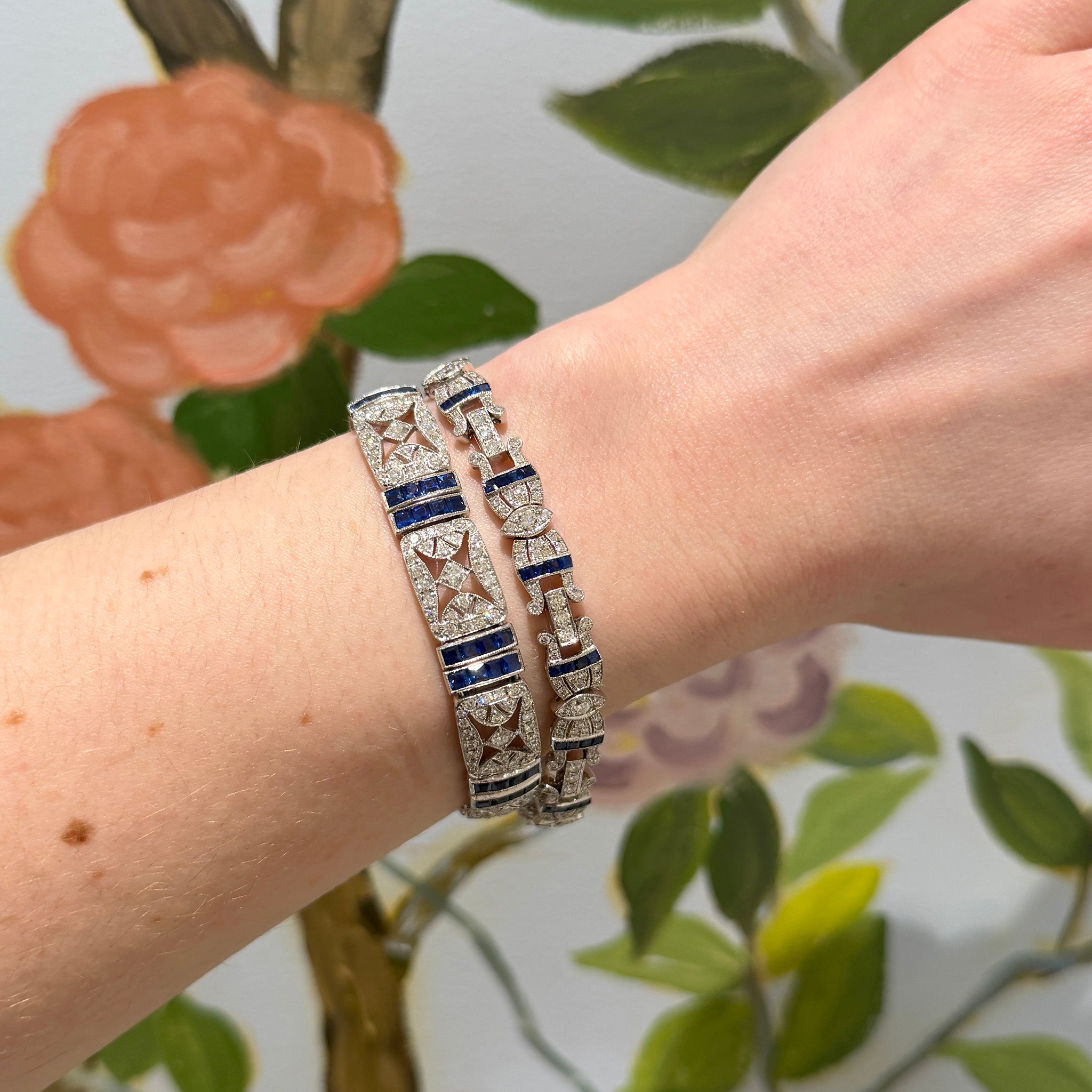 Art Deco Style 3.67ctw Diamond & 1.75ctw Sapphire 18K Gold Bracelet, Art Deco Style 4.59ctw Diamond & 3.20ctw Sapphire 18K Gold Bracelet