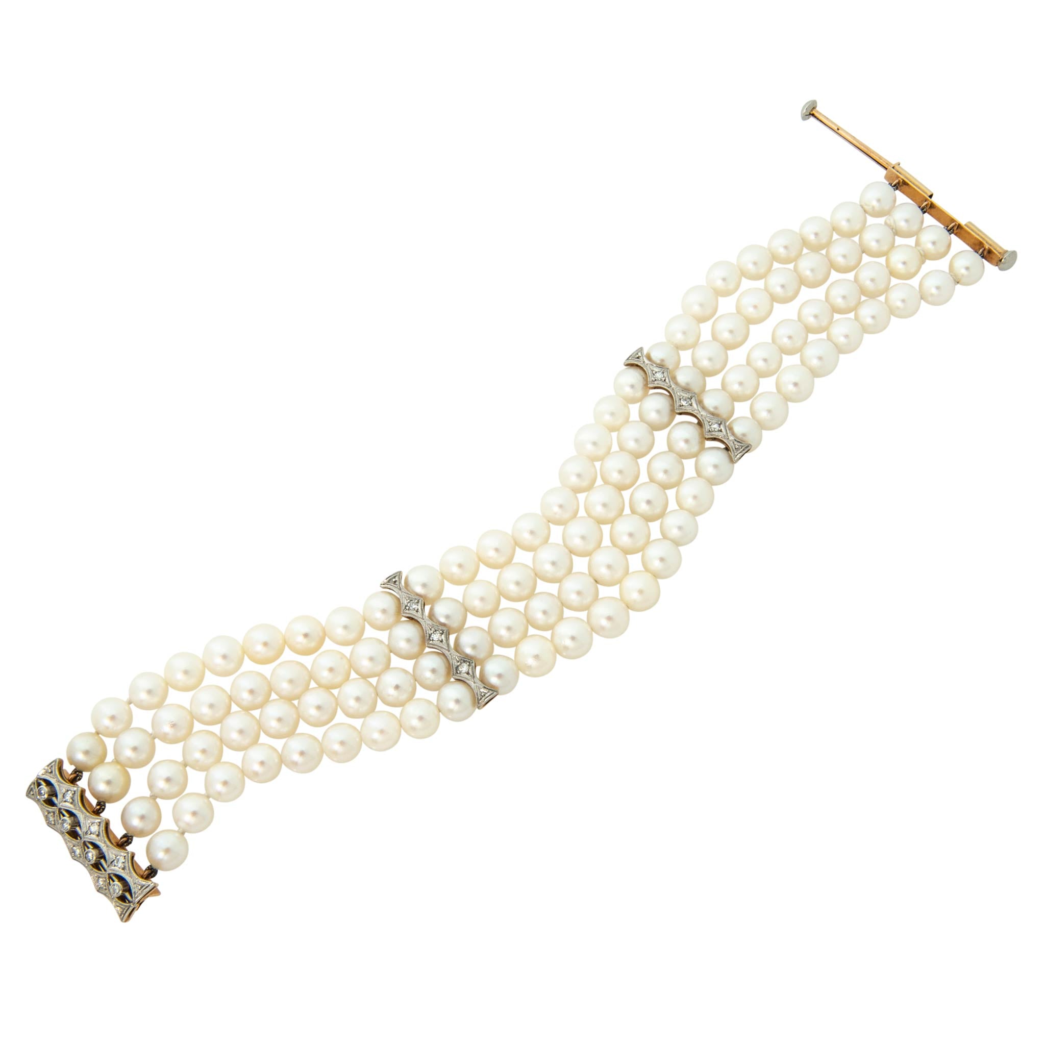 Vintage Diamond Platinum 18K Gold 4-Strand Pearl Bracelet