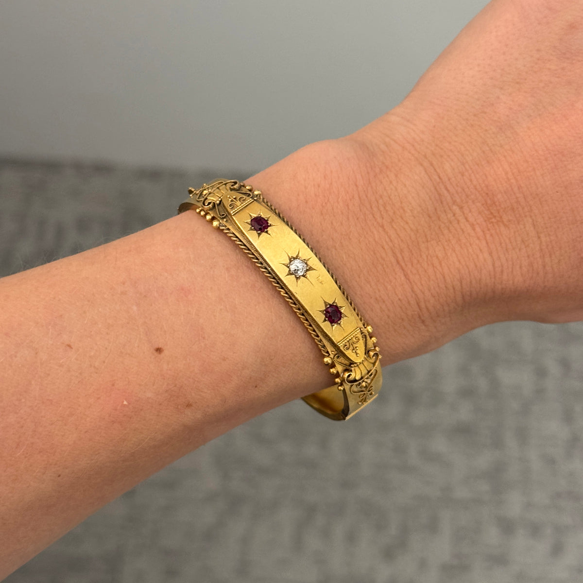 Edwardian Ruby & Diamond 15K Yellow Gold Bangle