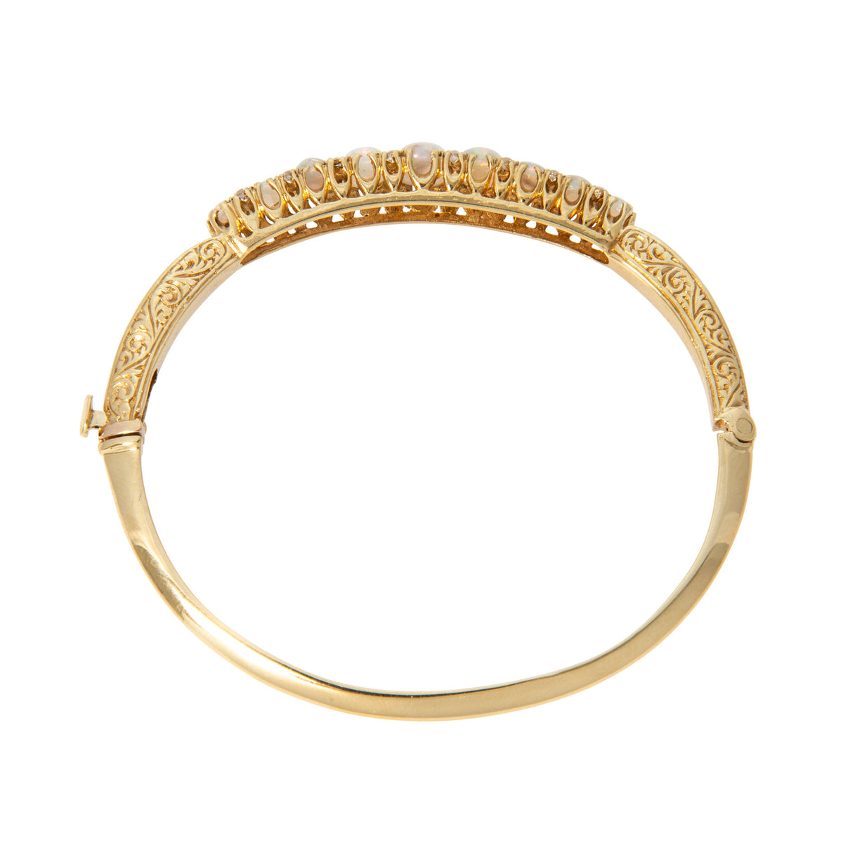 Vintage 2.2ctw Graduated Opal & Diamond 18K Gold Engraved Bangle