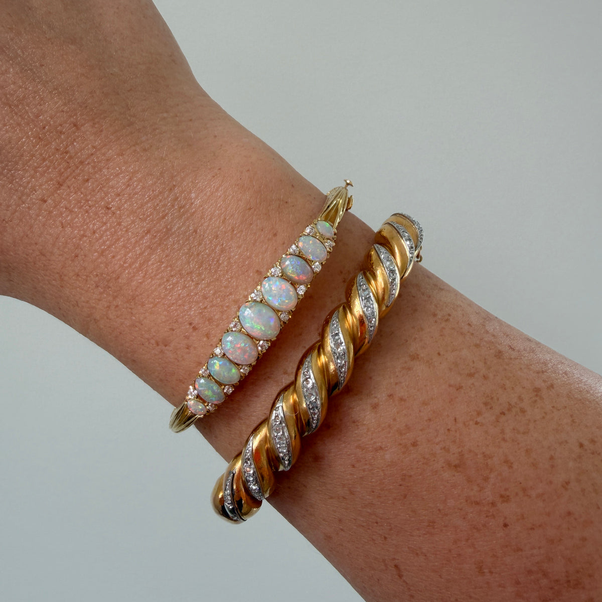 Vintage 2.2ctw Graduated Opal & Diamond 18K Gold Engraved Bangle, Estate Diamond Pavé 18K Gold Twist French Bangle