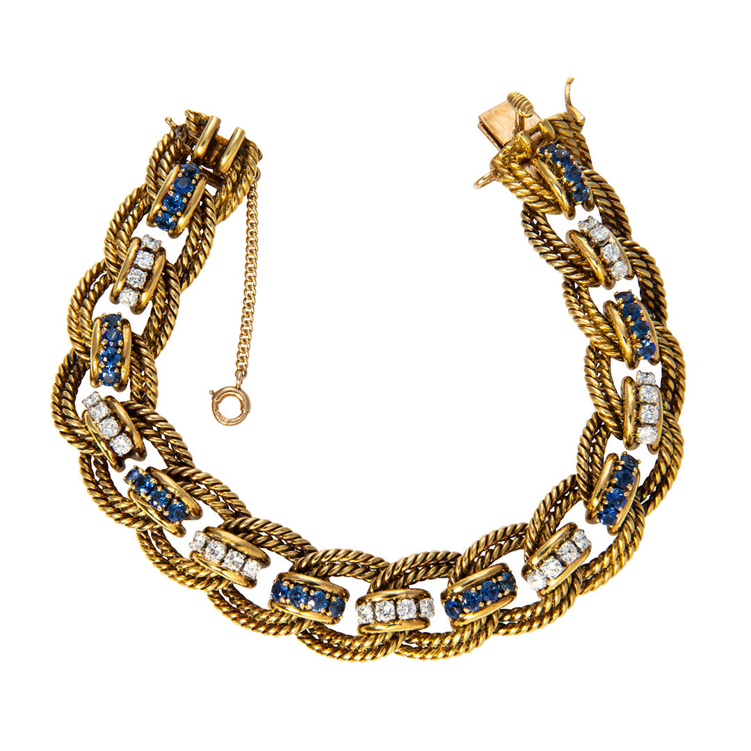 Estate Sapphire & Diamond 18K Gold Rope Link Bracelet