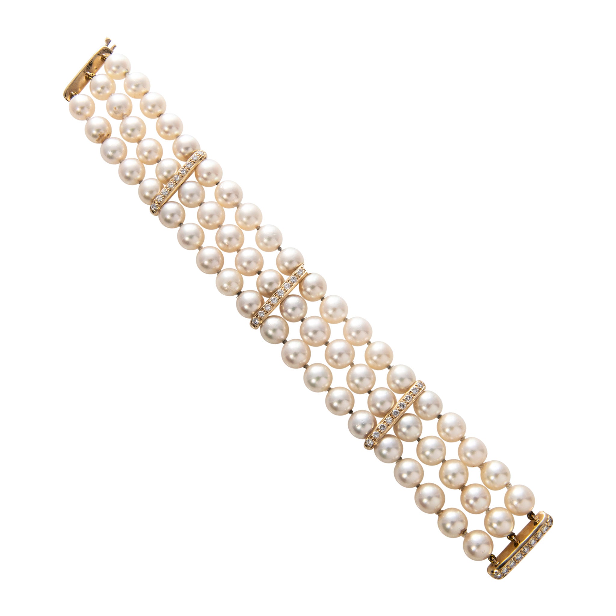 Estate 3-Strand Pearl Diamond 14K Gold Bracelet