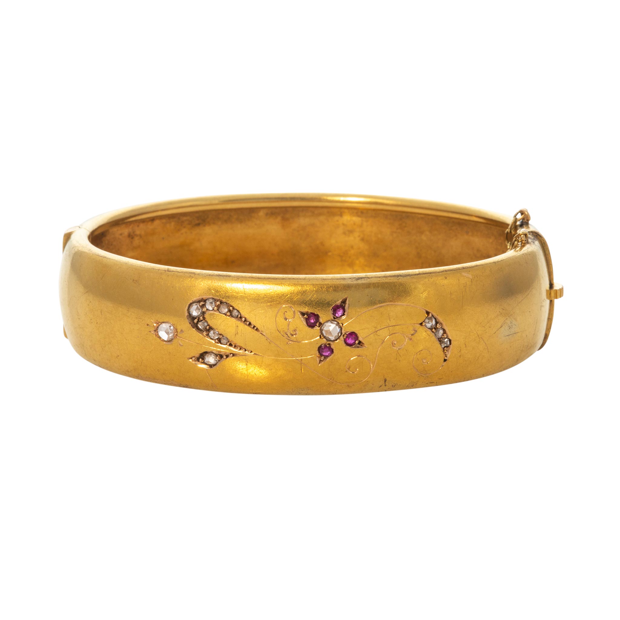Victorian Diamond & Ruby Floral 18K Yellow Gold Bangle