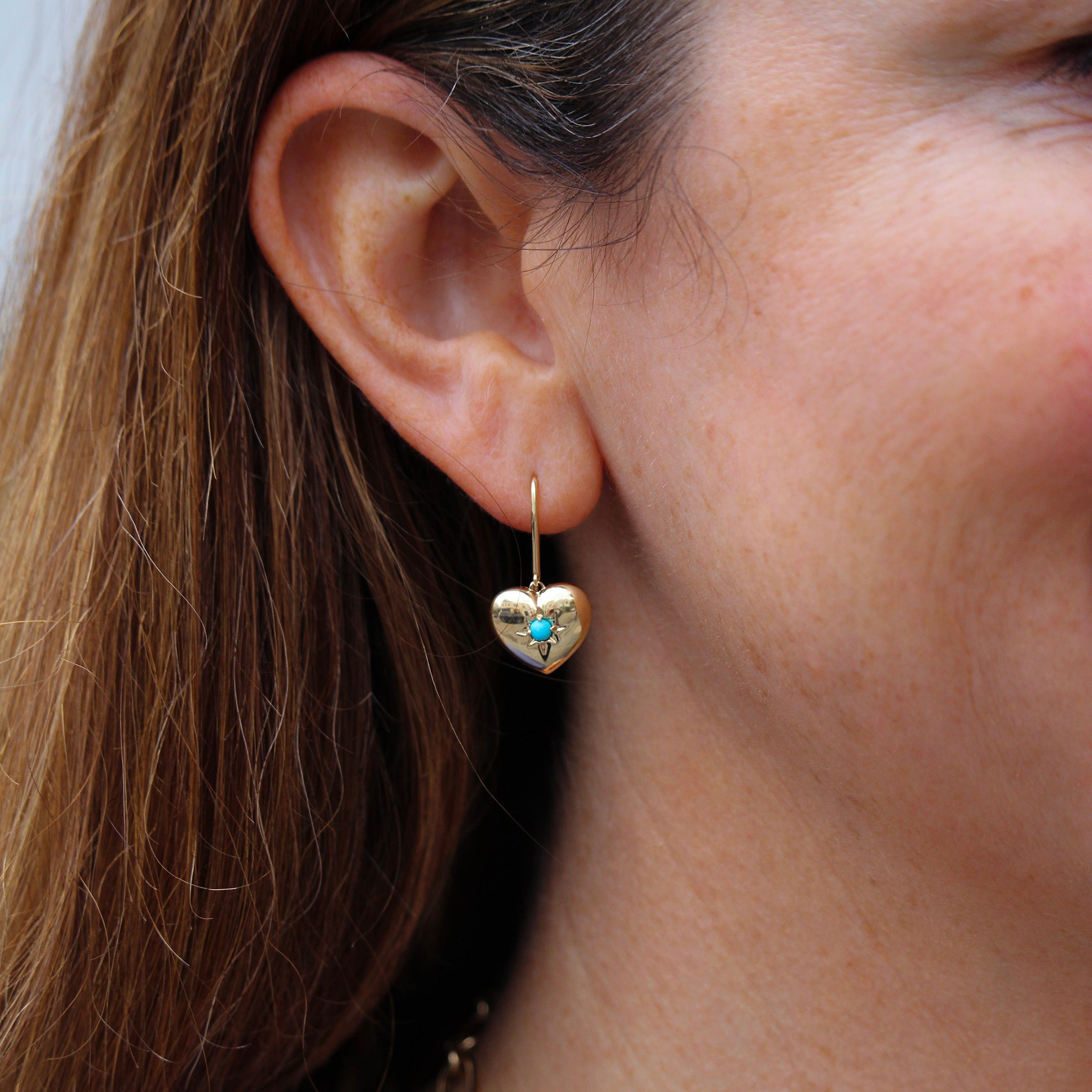Turquoise 14K Yellow Gold Heart Drop Earrings