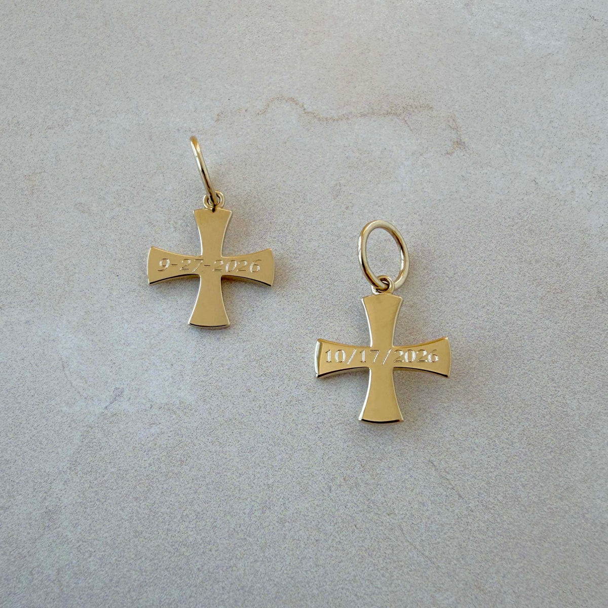 14K Yellow Gold Birthstone Cross Pendants with machine engraved dates on the back