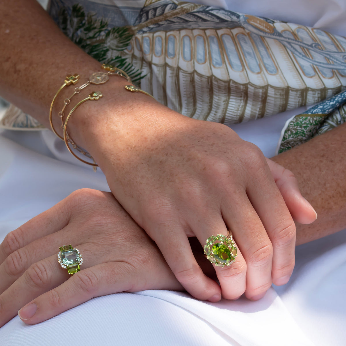 Goshwara 3-Stone Prasiolite & Peridot 18K Gold Ring, Oval Peridot 14K Gold Large Cluster River Ring