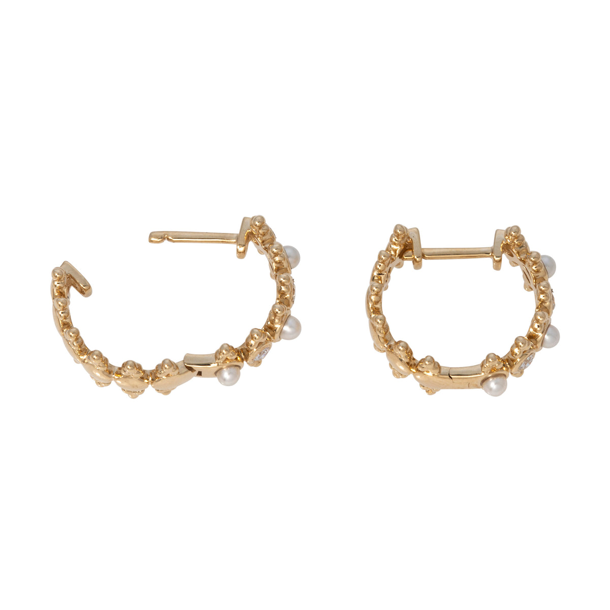 Diamond & Pearl 14K Yellow Gold Granulated Huggie Earrings