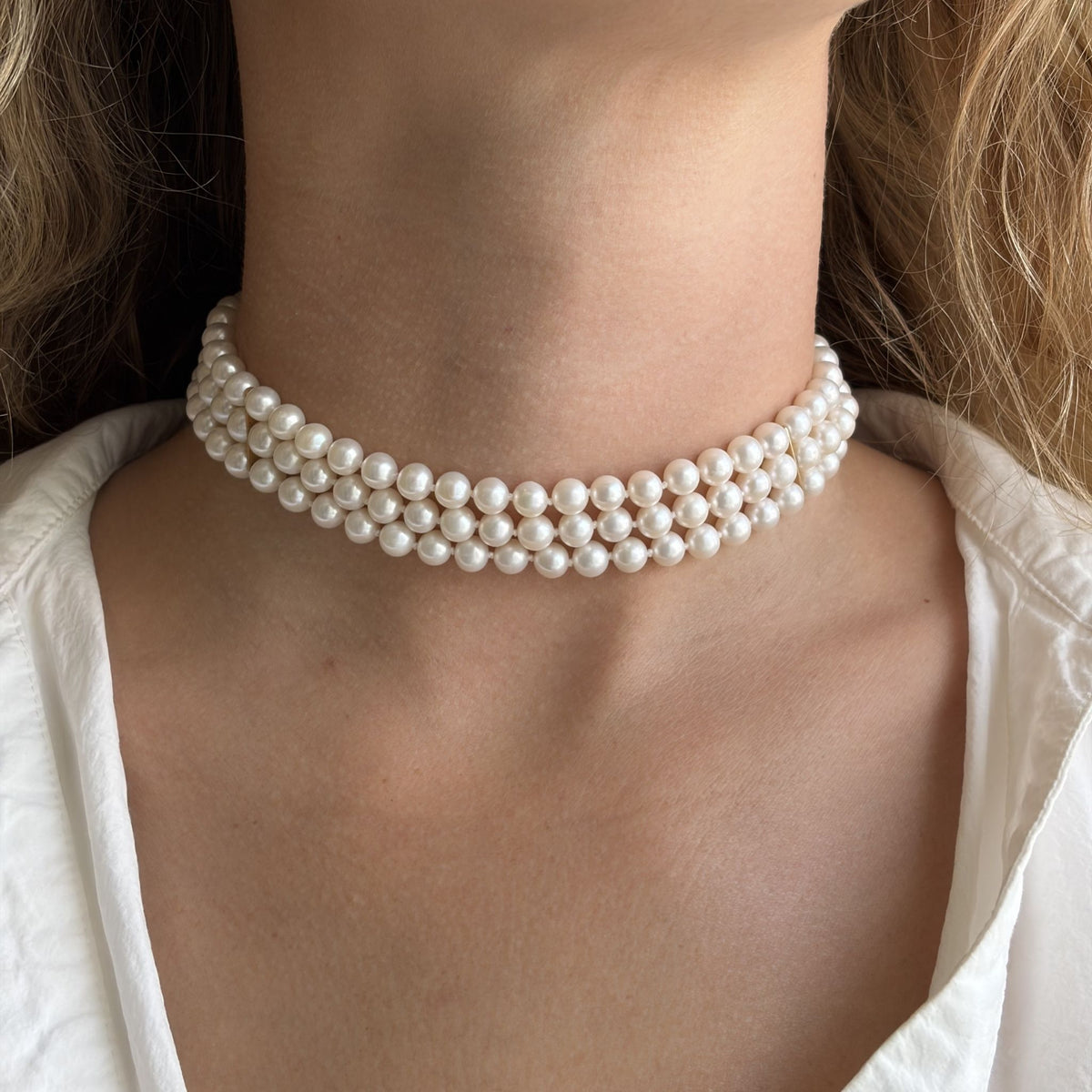 6-7mm Freshwater Pearl 3-Strand 14K Gold Choker Necklace