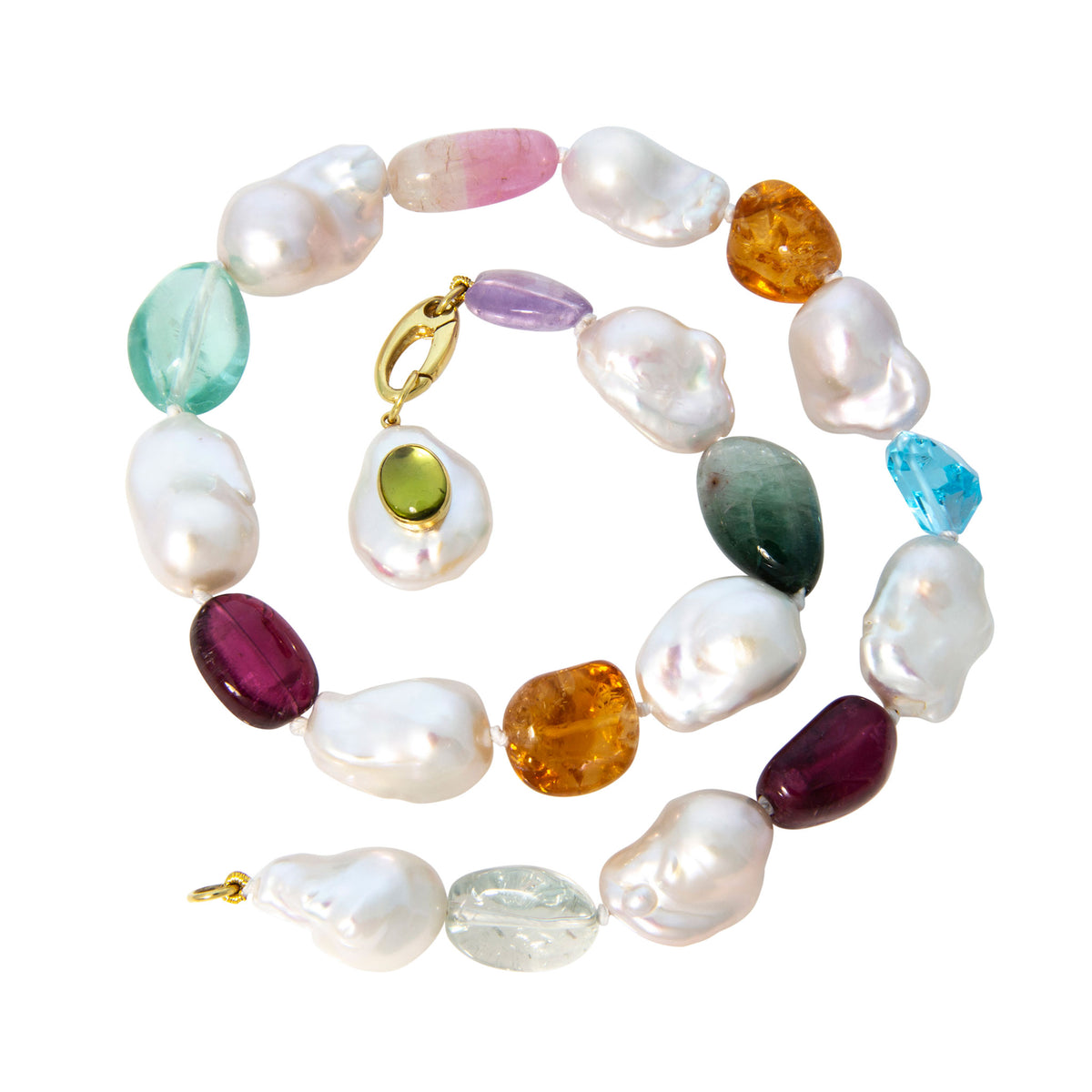 Mazza Freshwater Baroque Pearl & Multi-Stone 14K Gold Necklace 18", Mazza Peridot Cabochon & Baroque Coin Pearl 14K Gold Pendant