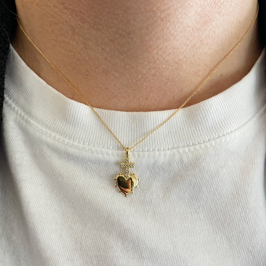 Diamond Cross Heart 18K Gold Mini Pendant Necklace