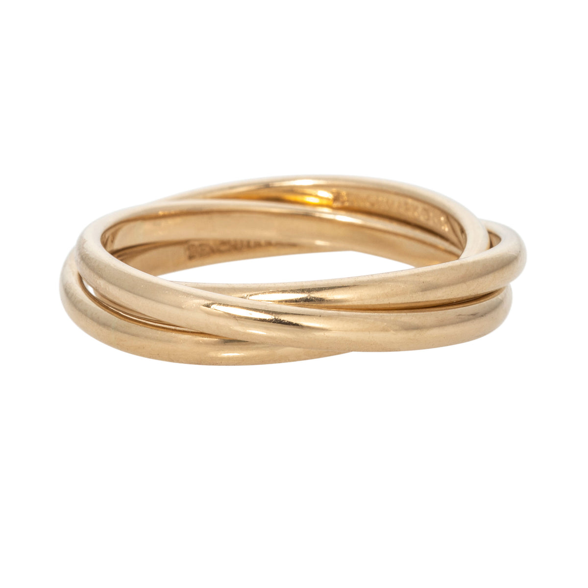 14K yellow gold triple rolling ring with three interlocked polished bands crossing over one another.