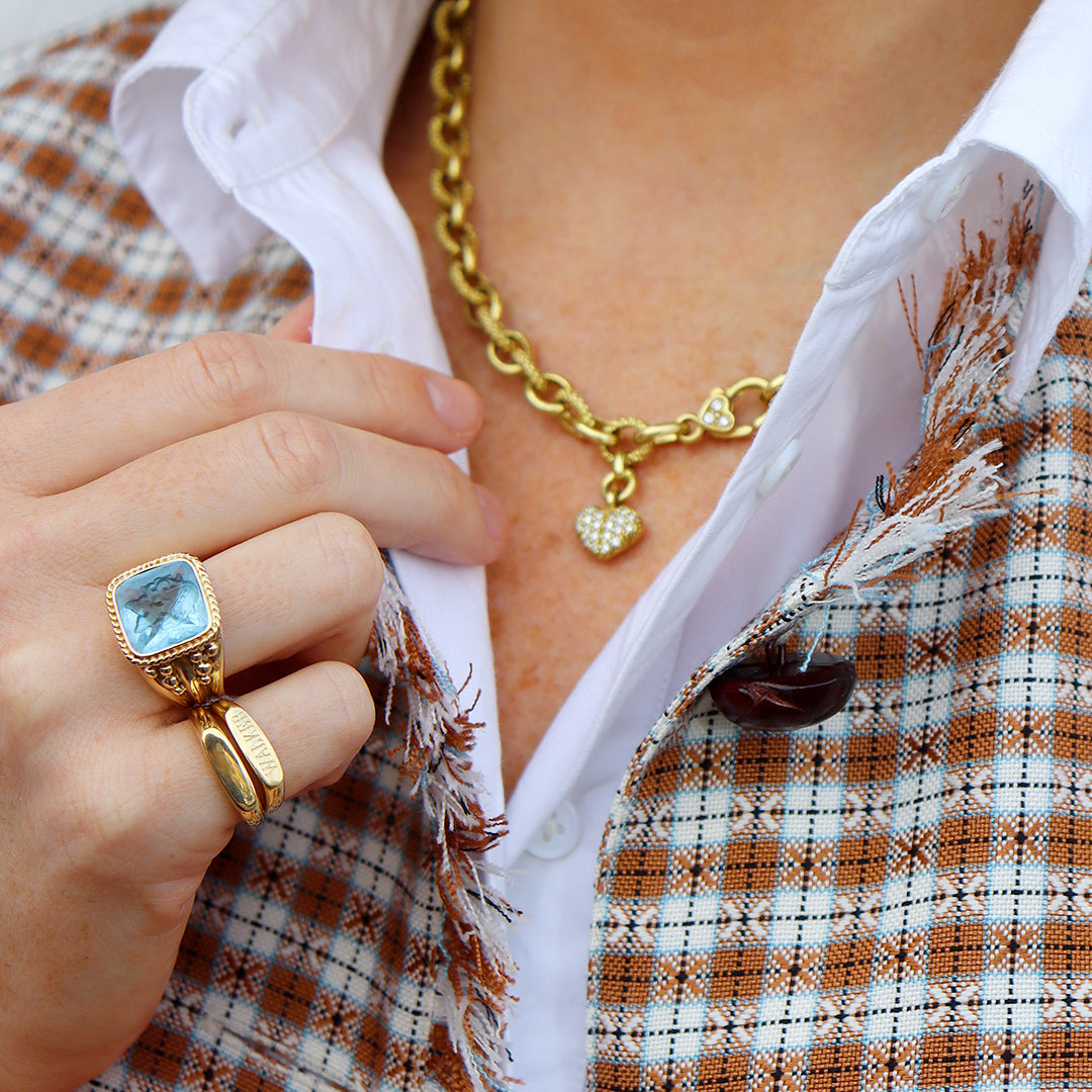 18K Yellow Gold Oval Bar Signet Ring with machine engraving