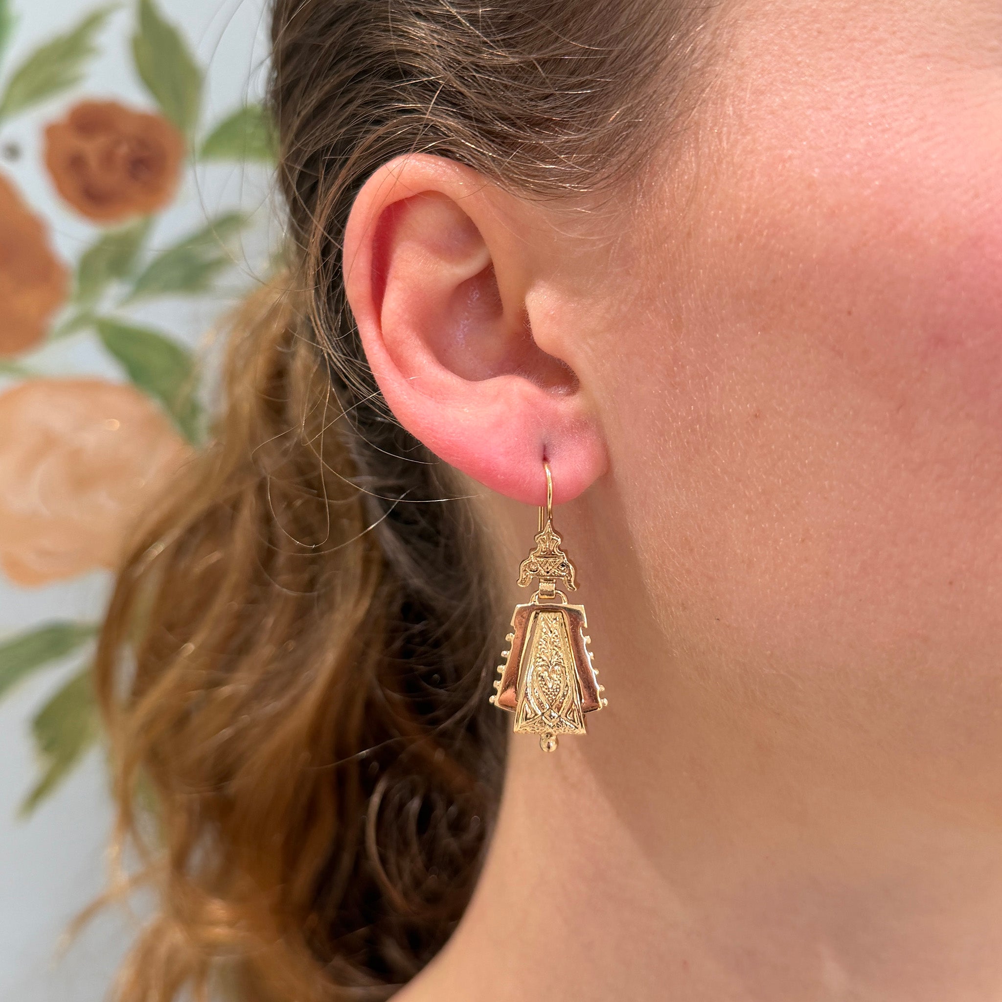 Victorian Etruscan Revival Style 14K Gold Door Knocker Drop Earrings