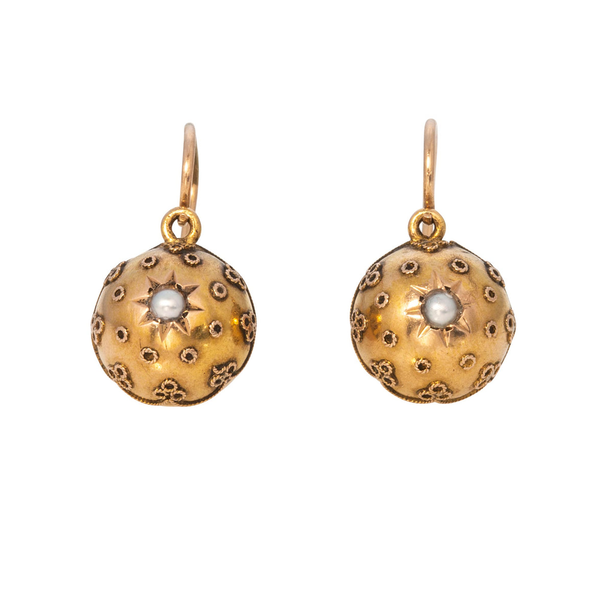 Victorian Etruscan Revival Style Seed Pearl 14K Gold Ball Earrings
