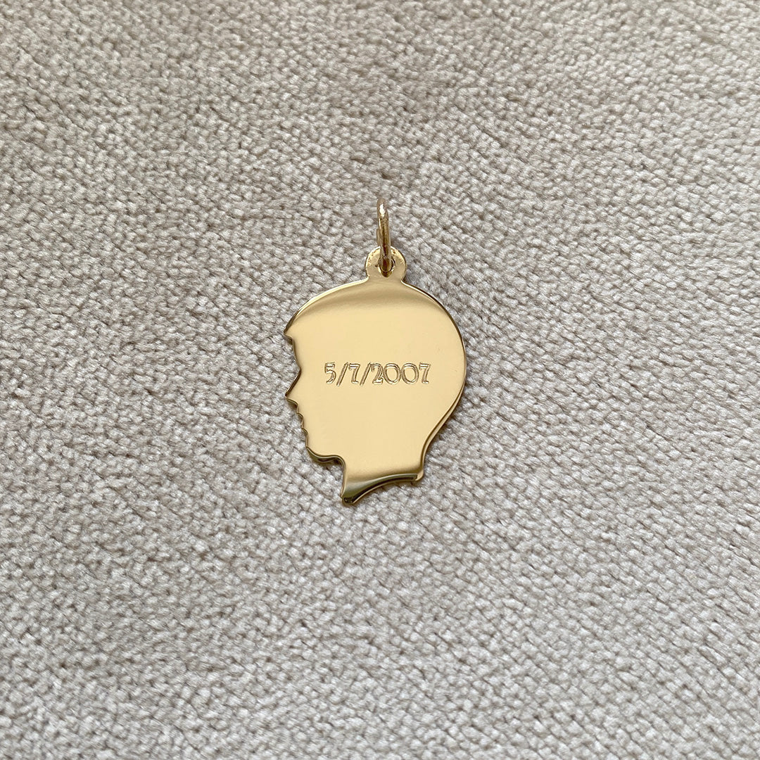 14K Yellow Gold Boy's Head Silhouette Charm with machine engraving