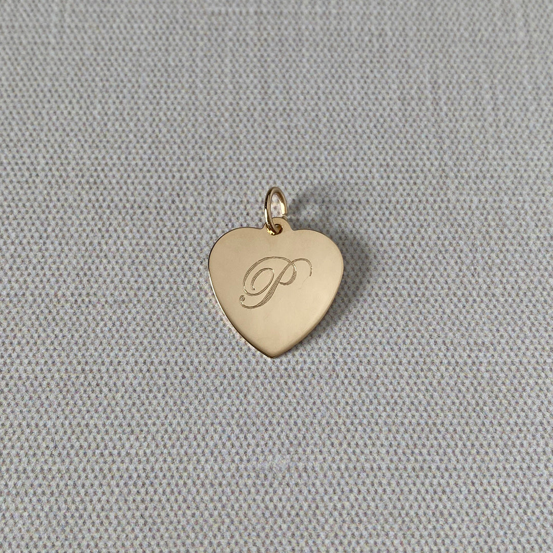 14K Yellow Gold Small Classic Heart Charm with machine engraved script initial