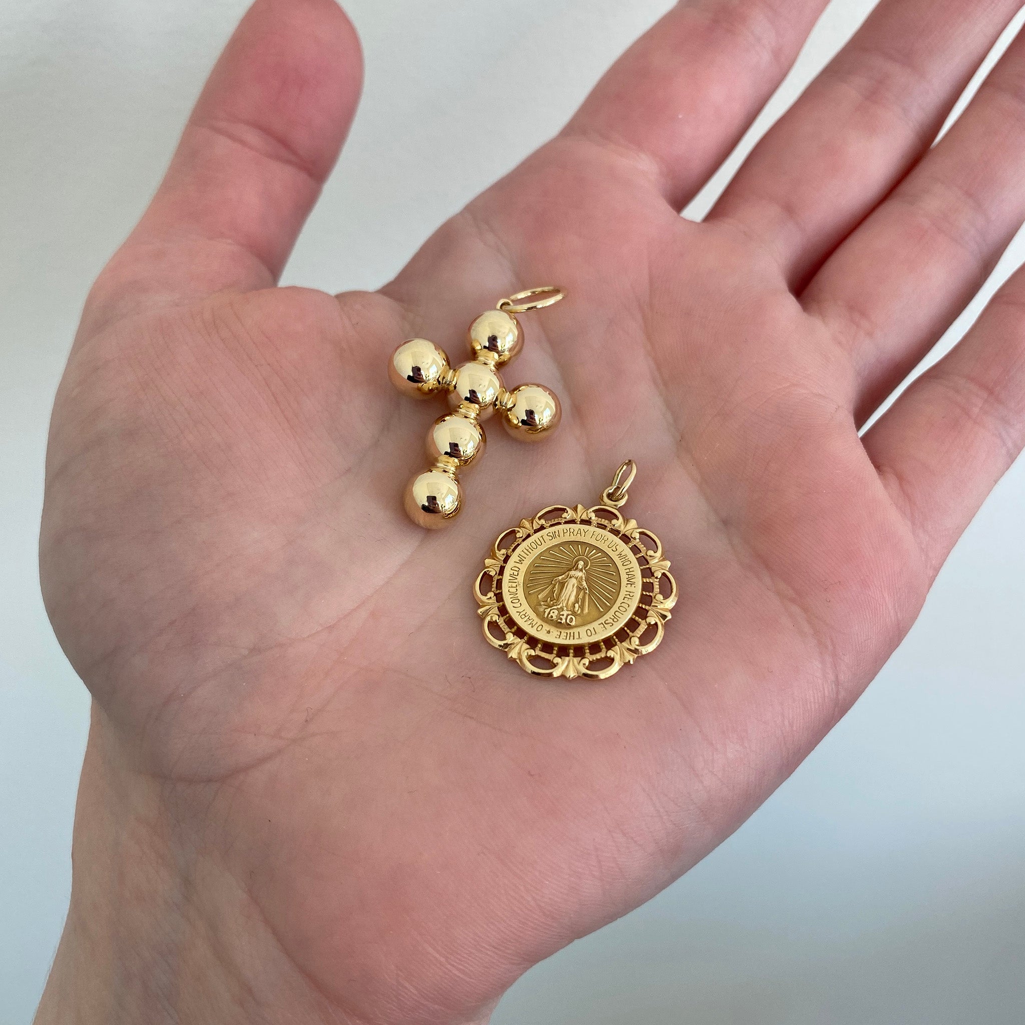 14K Yellow Gold Large Bead Cross Pendant, Estate 14K Gold Miraculous Medal Charm