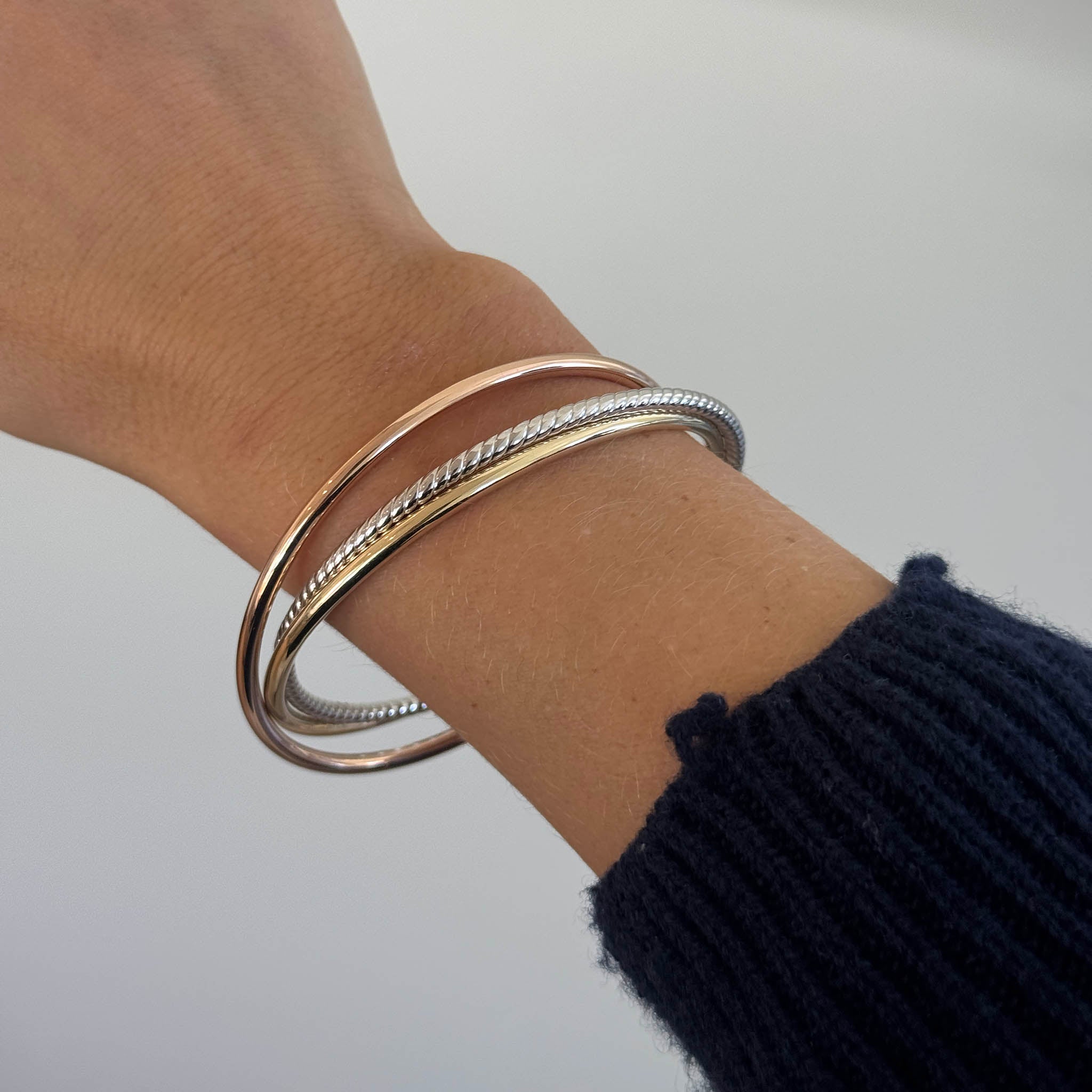 14K Tri-Color Gold Italian Triple Interlocked Slip-On Bangle