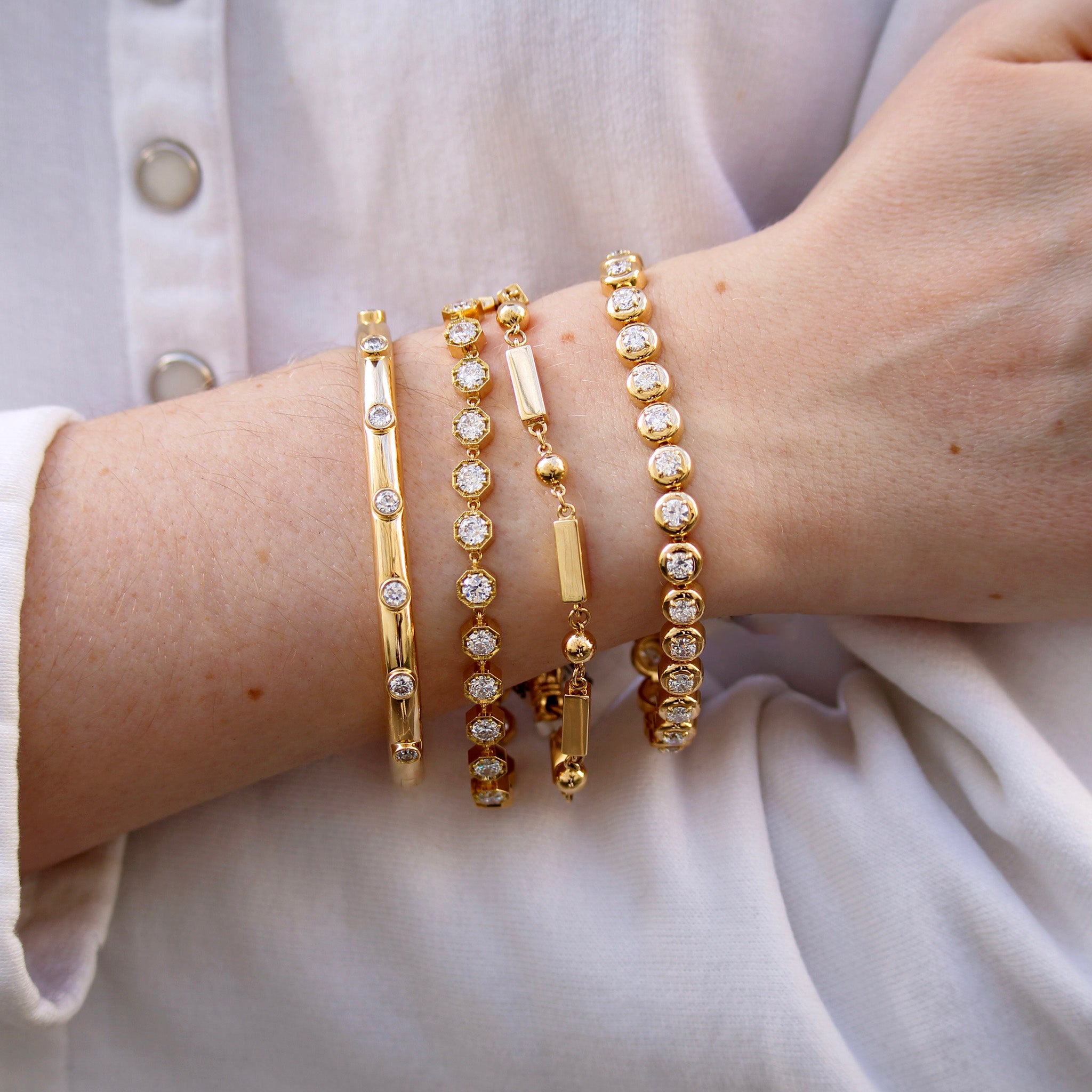 Single Stone Diamond Leda Bangle, Single Stone Mina Bracelet, Single Stone 18K Yellow Gold Randi Bracelet