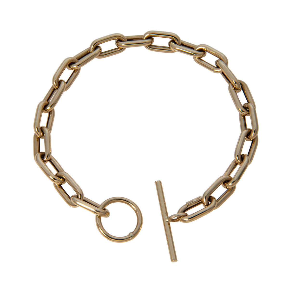14K yellow gold paperclip link bracelet arranged in a circle with its toggle clasp open.