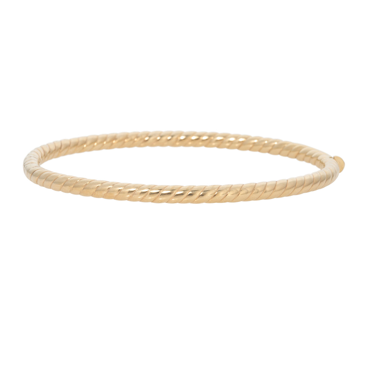 14K yellow gold bangle shown at an angle, featuring a polished twisted rope texture.
