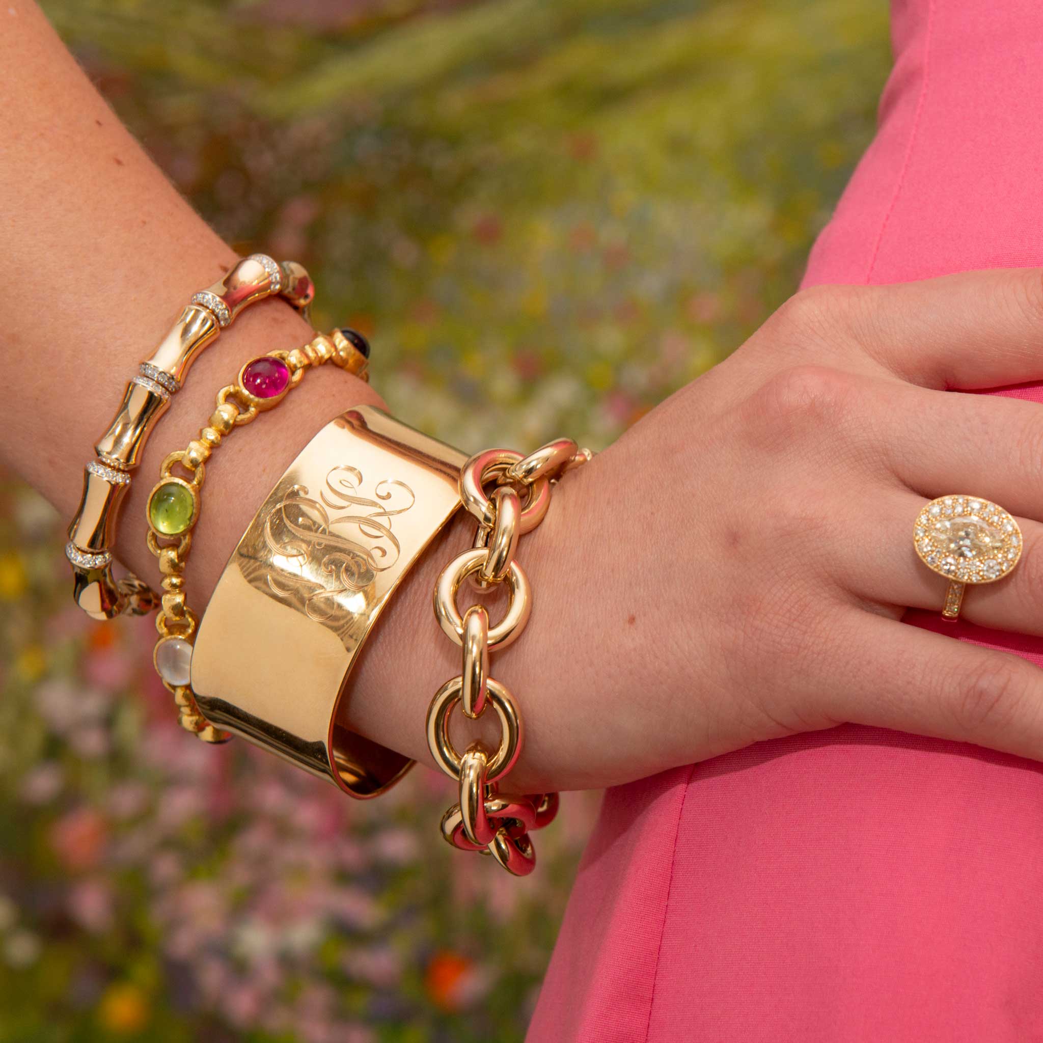 14K Yellow Gold Italian Medium Oval Link Bracelet, Elizabeth Locke “Tutti Frutti” Oval Cabochon Stone Link Bracelet, 14K Gold Extra Wide Cuff Bangle