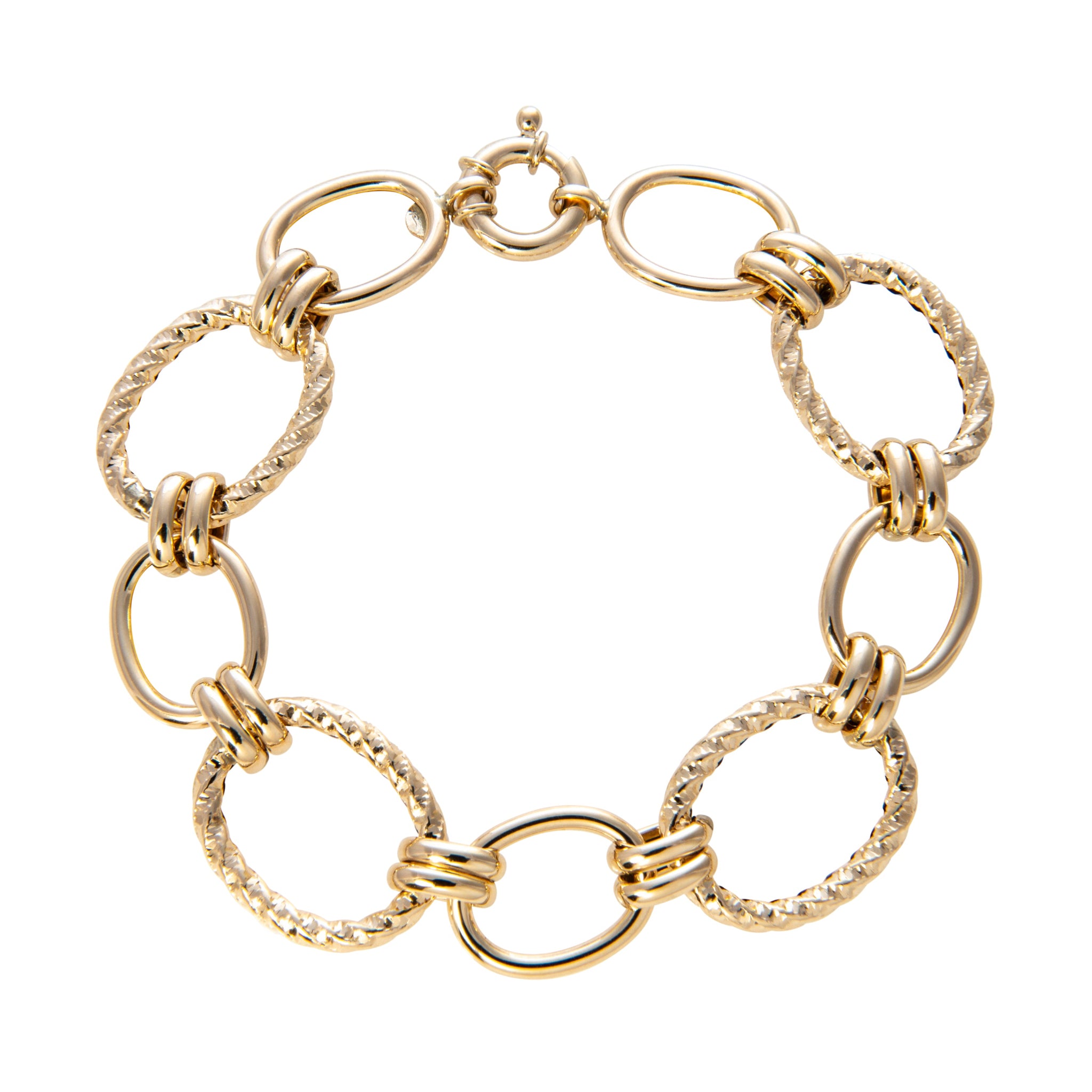 14K Gold Oval Ribbed & Polished Link Bracelet