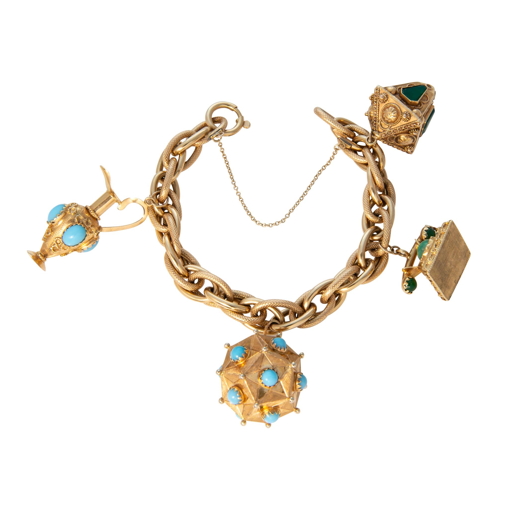 Etruscan Revival Style Multi-Stone 18K Gold 4-Charm Bracelet
