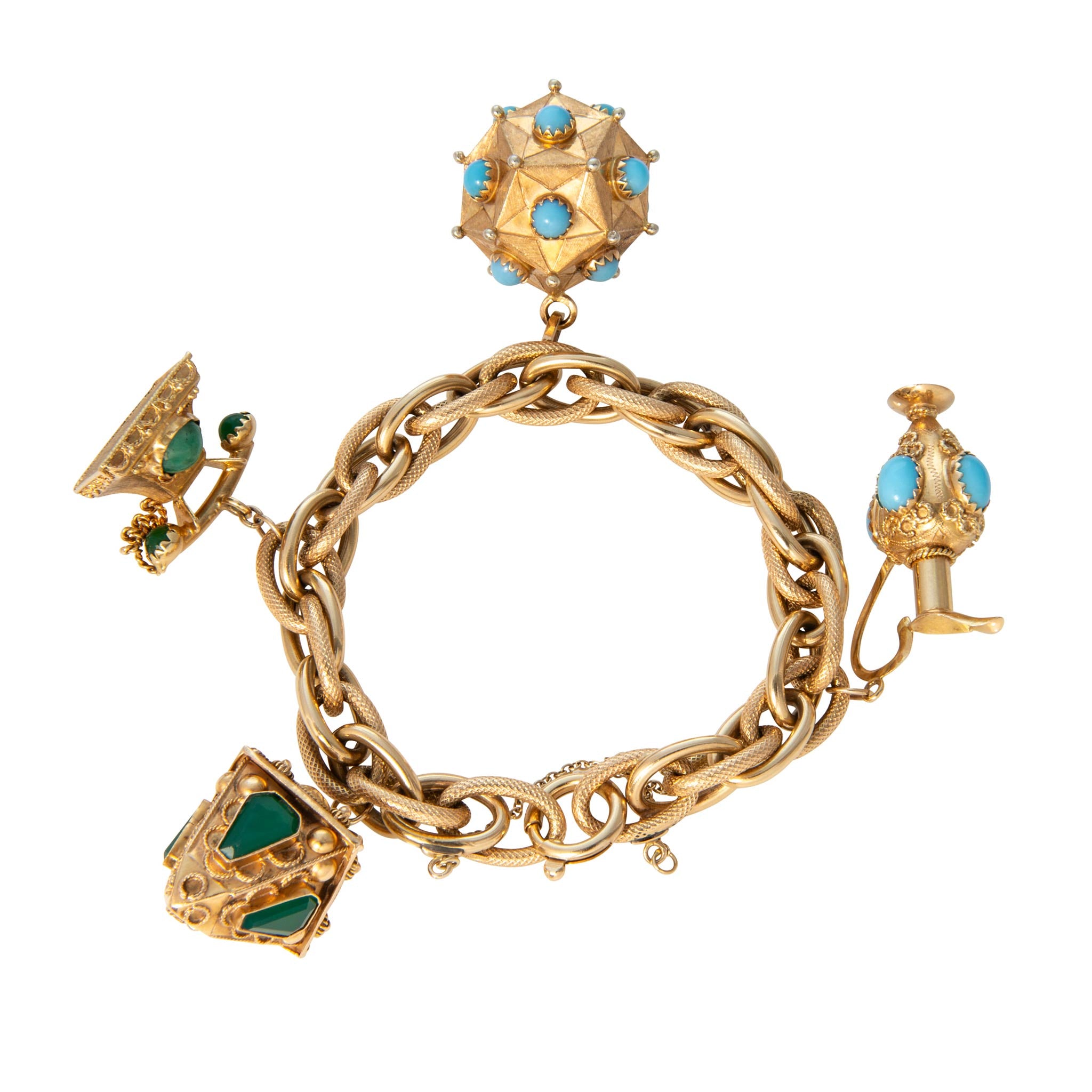 Etruscan Revival Style Multi-Stone 18K Gold 4-Charm Bracelet