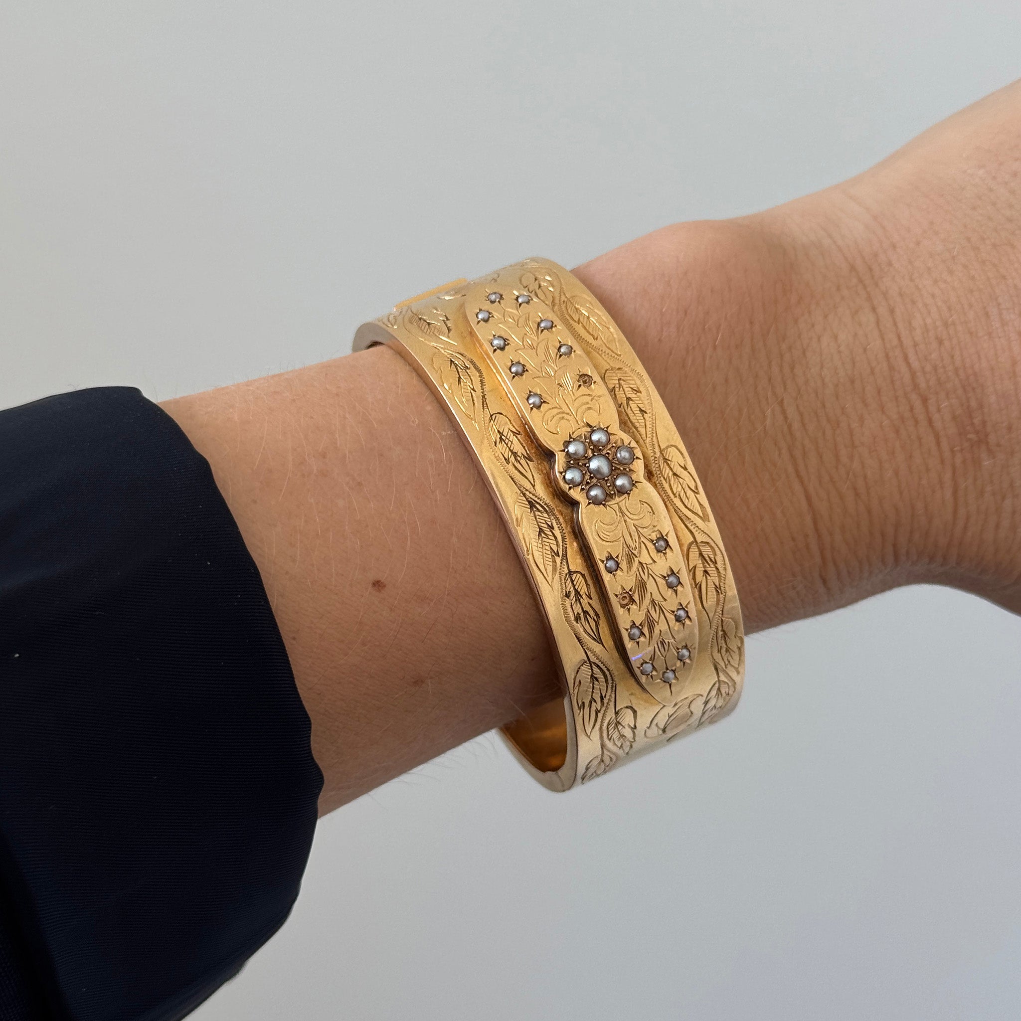 Victorian Seed Pearl Hand Engraved 18K Gold Wide Bangle