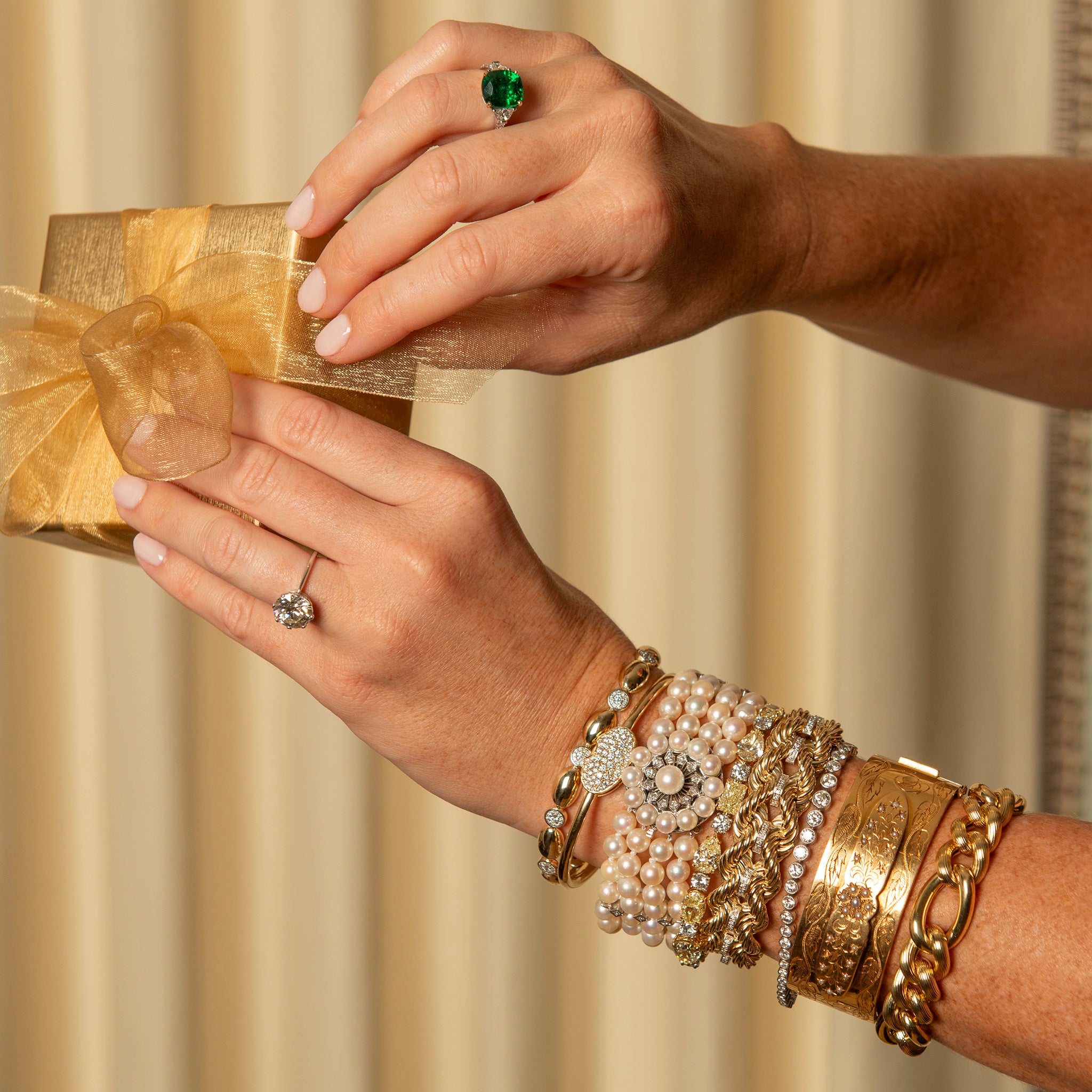 Cushion Emerald & Half-Moon Diamond 18K Gold Platinum Ring, Mary PavĂŠ Diamond Station Line Bracelet, Marla Aaron 18K Yellow Gold Stoned Oval Musgrave Bangle, Vintage 4-Strand Cultured Pearl & Diamond 14K White Gold Bracelet, Yellow Diamond 18K Gold Platinum Bracelet, The Club Bracelet with Diamonds, Victorian Seed Pearl Hand Engraved 18K Gold Wide Bangle, The Mini Mariana Bracelet