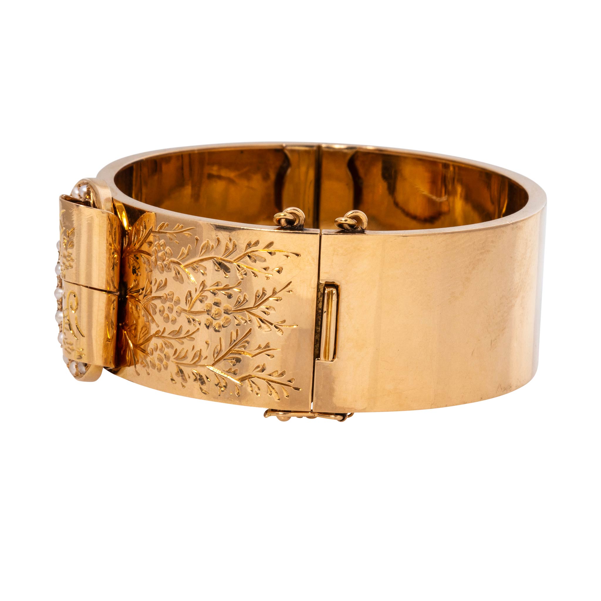 Victorian French Seed Pearl 18K Gold Buckle Bangle