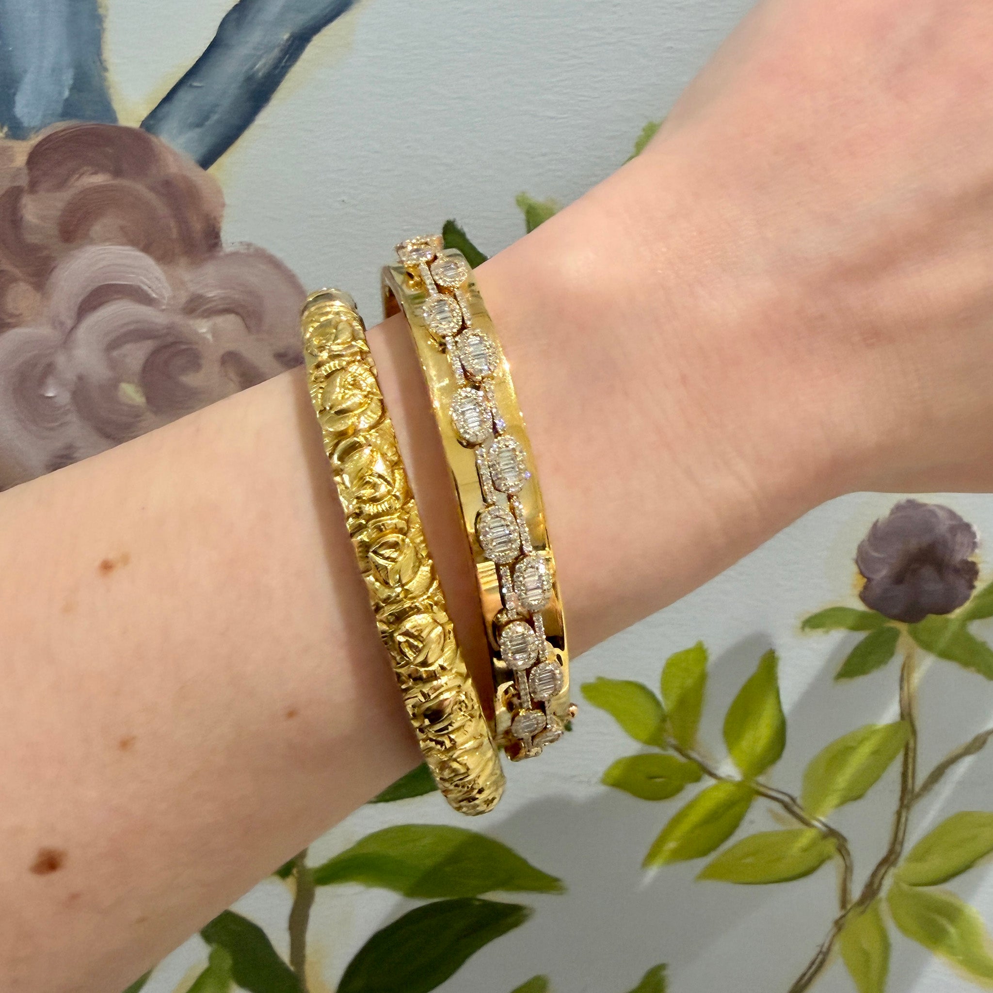 Victorian Style Italian Floral Repoussé 18K Yellow Gold Bangle, Estate Italian 3.5ctw Diamond 14K Gold Bangle