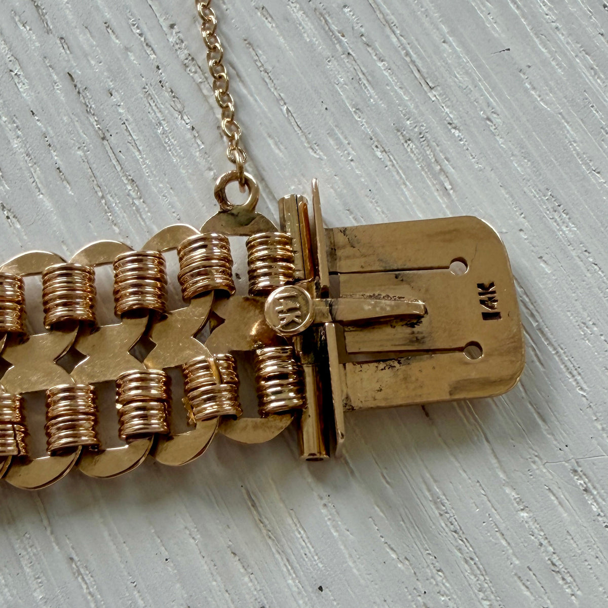 Edwardian 14K Gold Wide Chain Rectangular Clasp Bracelet